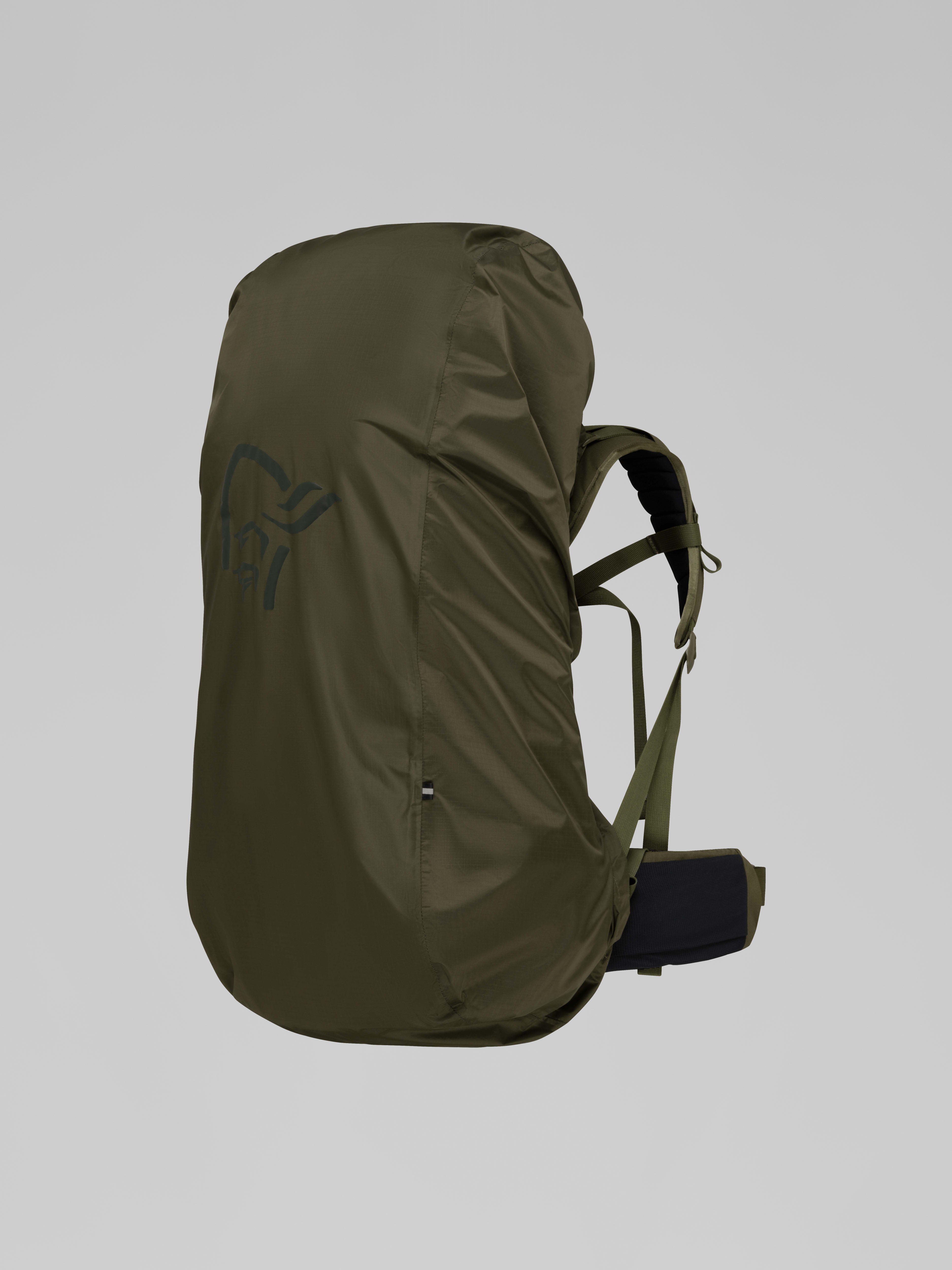 Packshot front left image of norrona econyl70 65L rain cover Olive Night