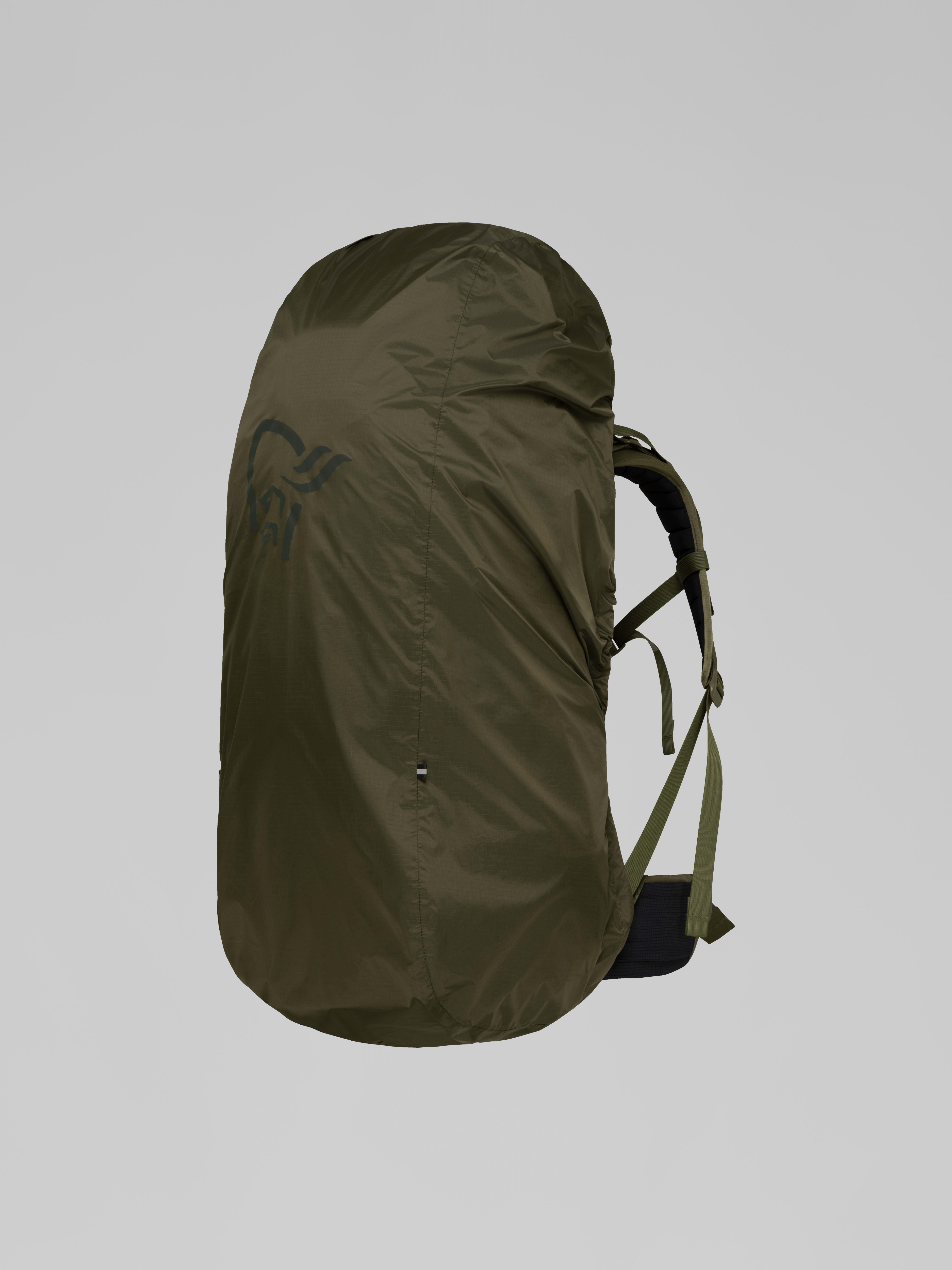 Packshot front left image of norrona econyl70 80L rain cover Olive Night