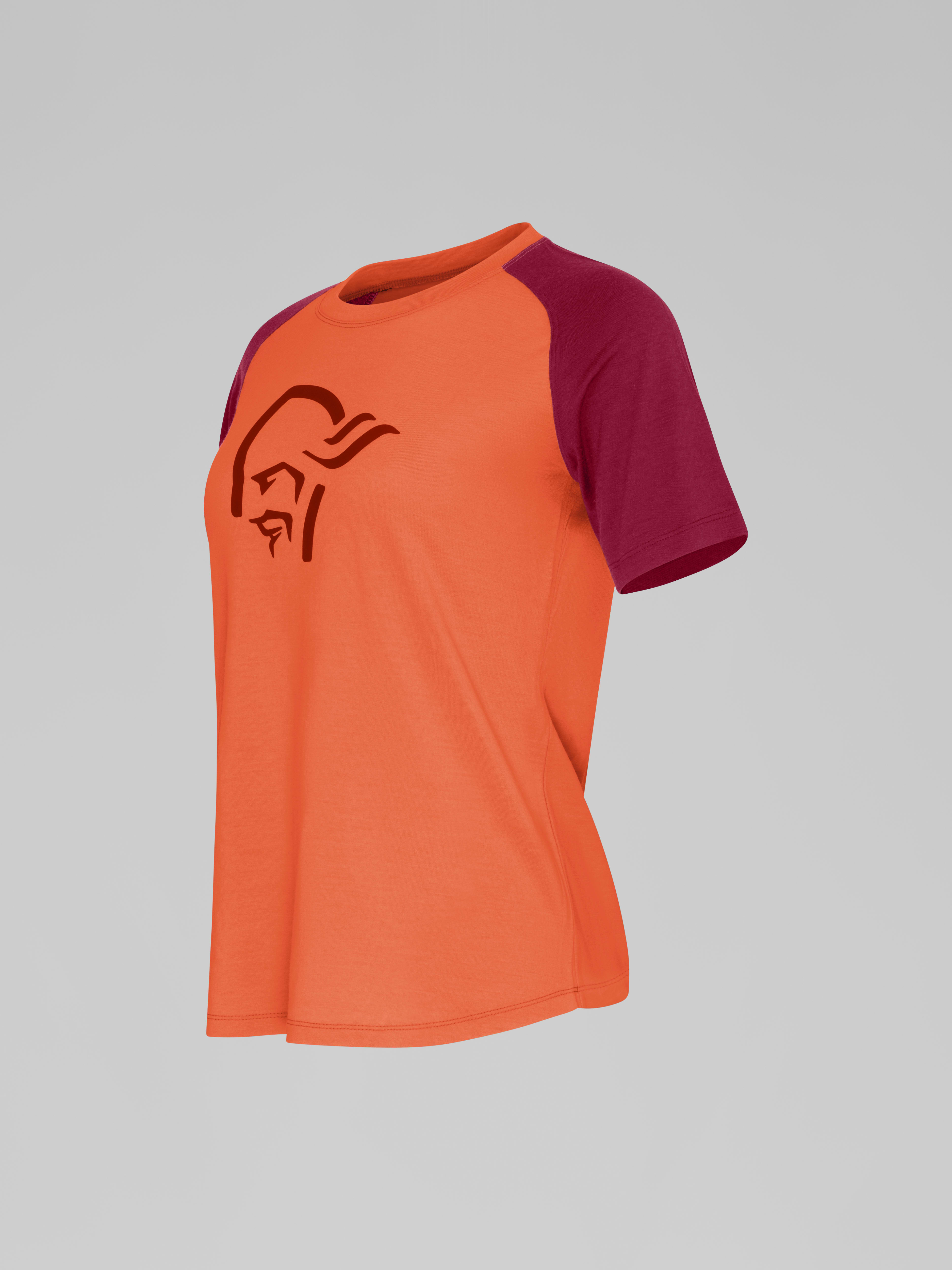 Packshot front left image of norrona pureUll T-shirt Orange Alert/Rhubarb