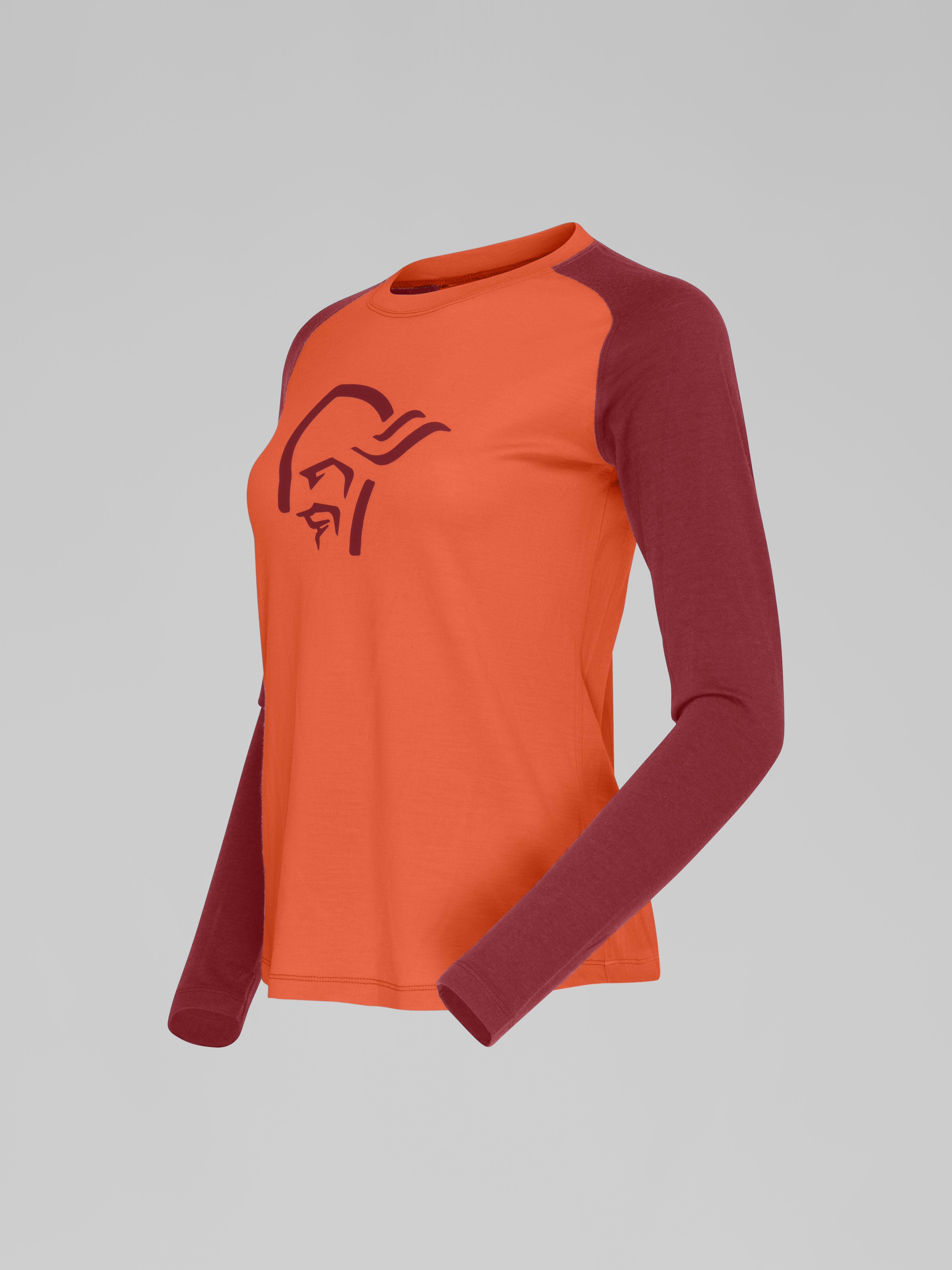 Packshot front left image of norrona pureUll Long sleeve Orange Alert/Rhubarb
