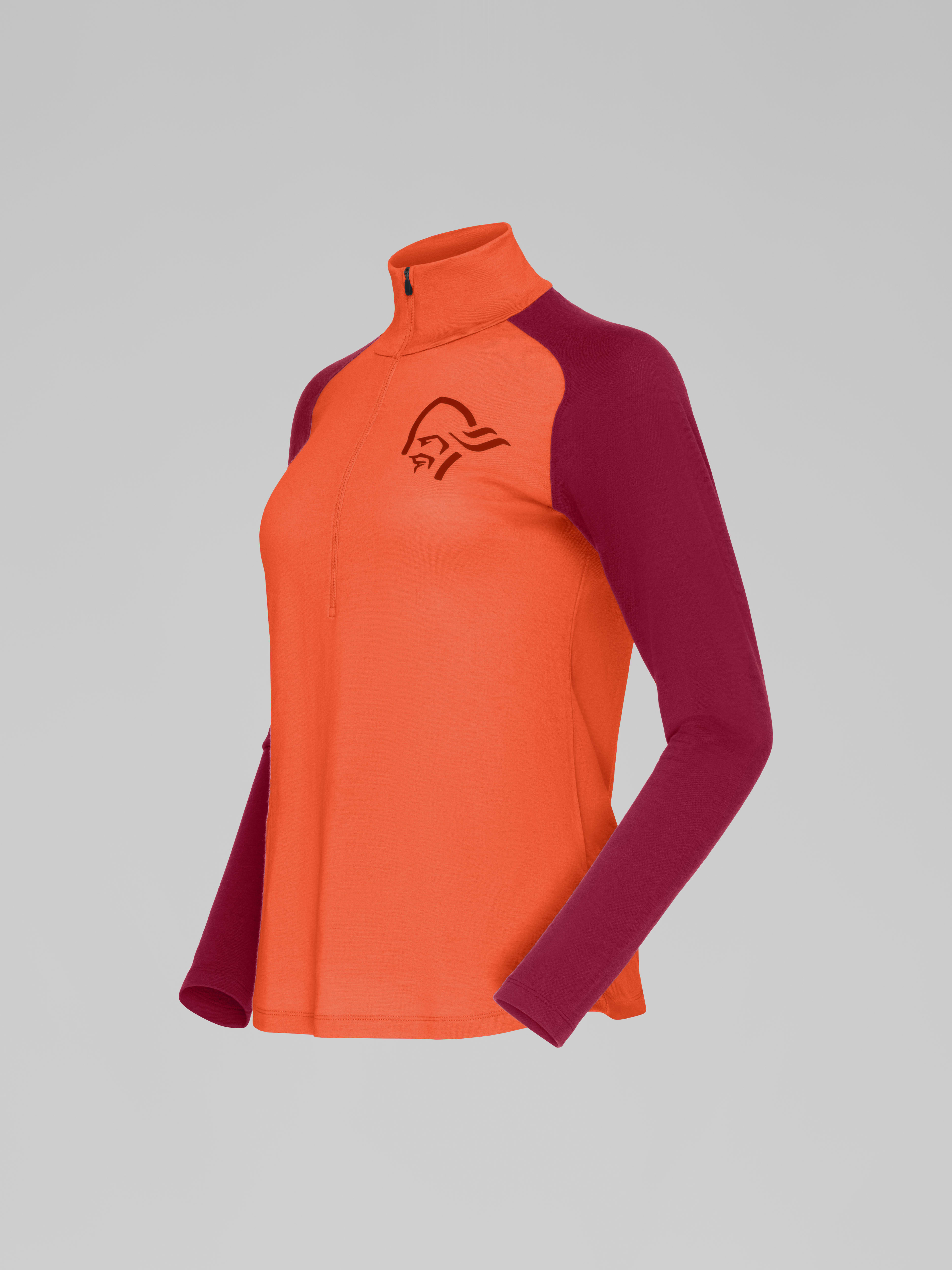 Packshot front left image of norrona pureUll Zip Neck Orange Alert/Rhubarb