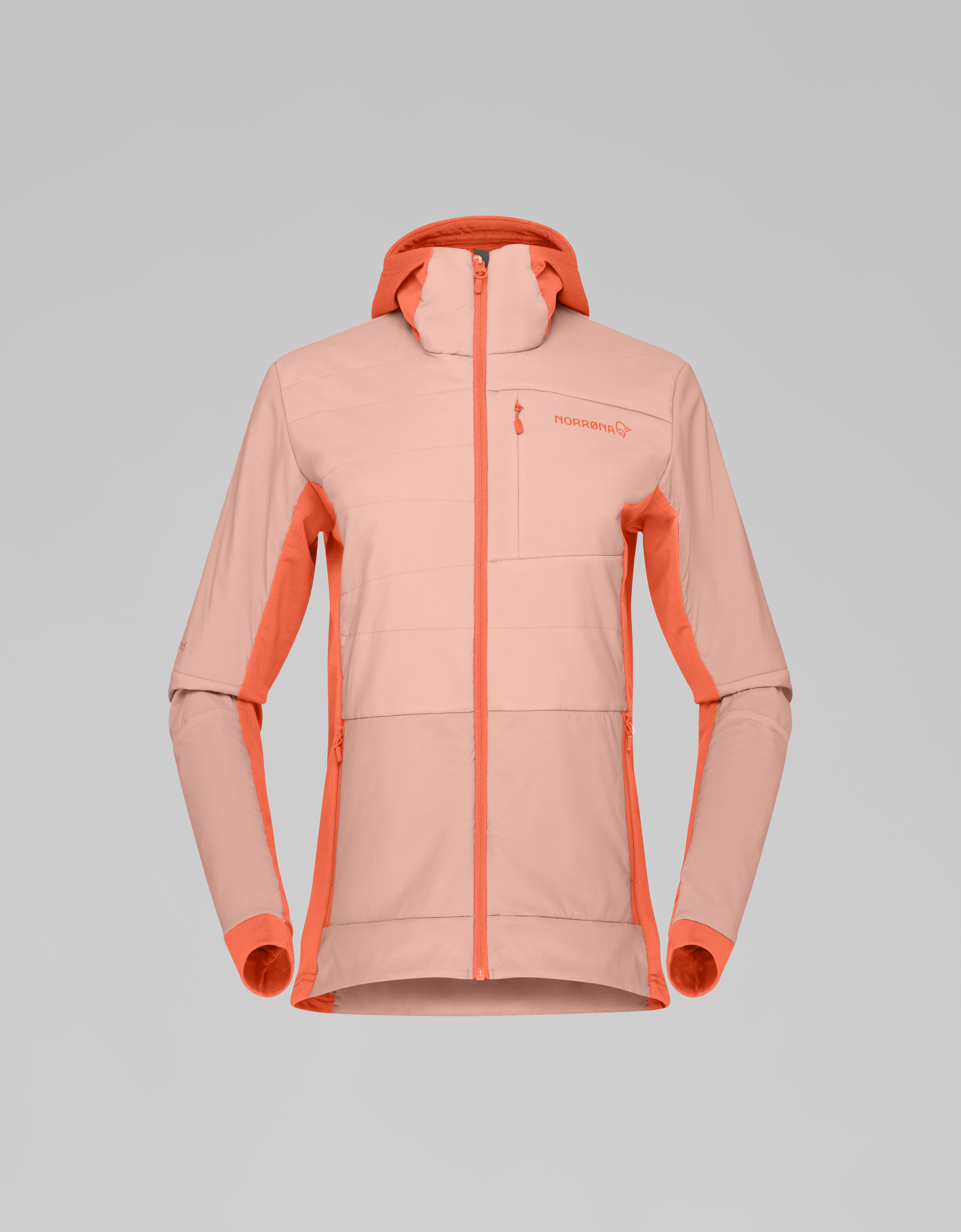 Packshot front image of falketind Alpha90 insulated Zip Hood Orange Alert/Peach Amber