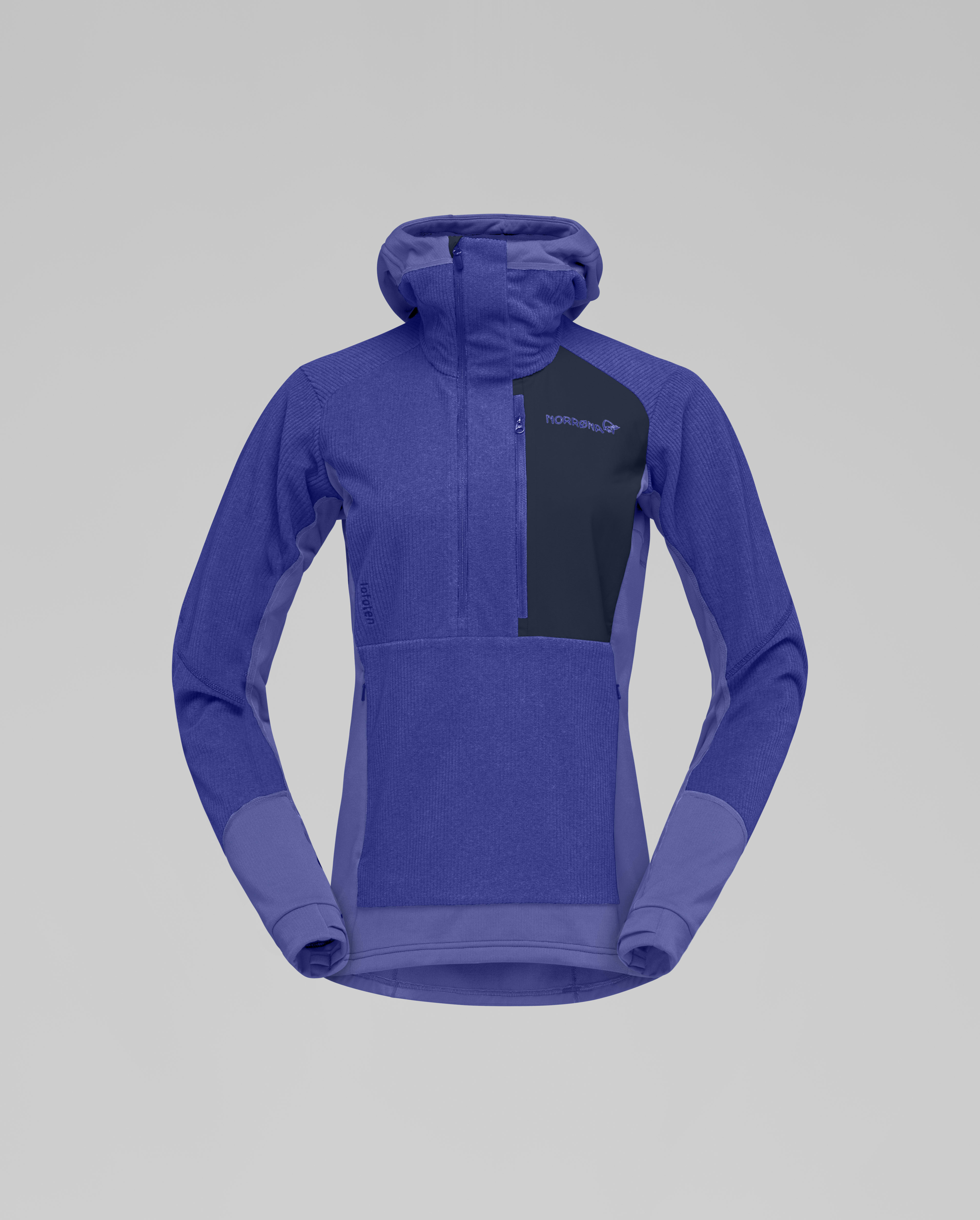 Packshot front image of lofoten Thermal Pro Hood Violet Storm/Royal Blue