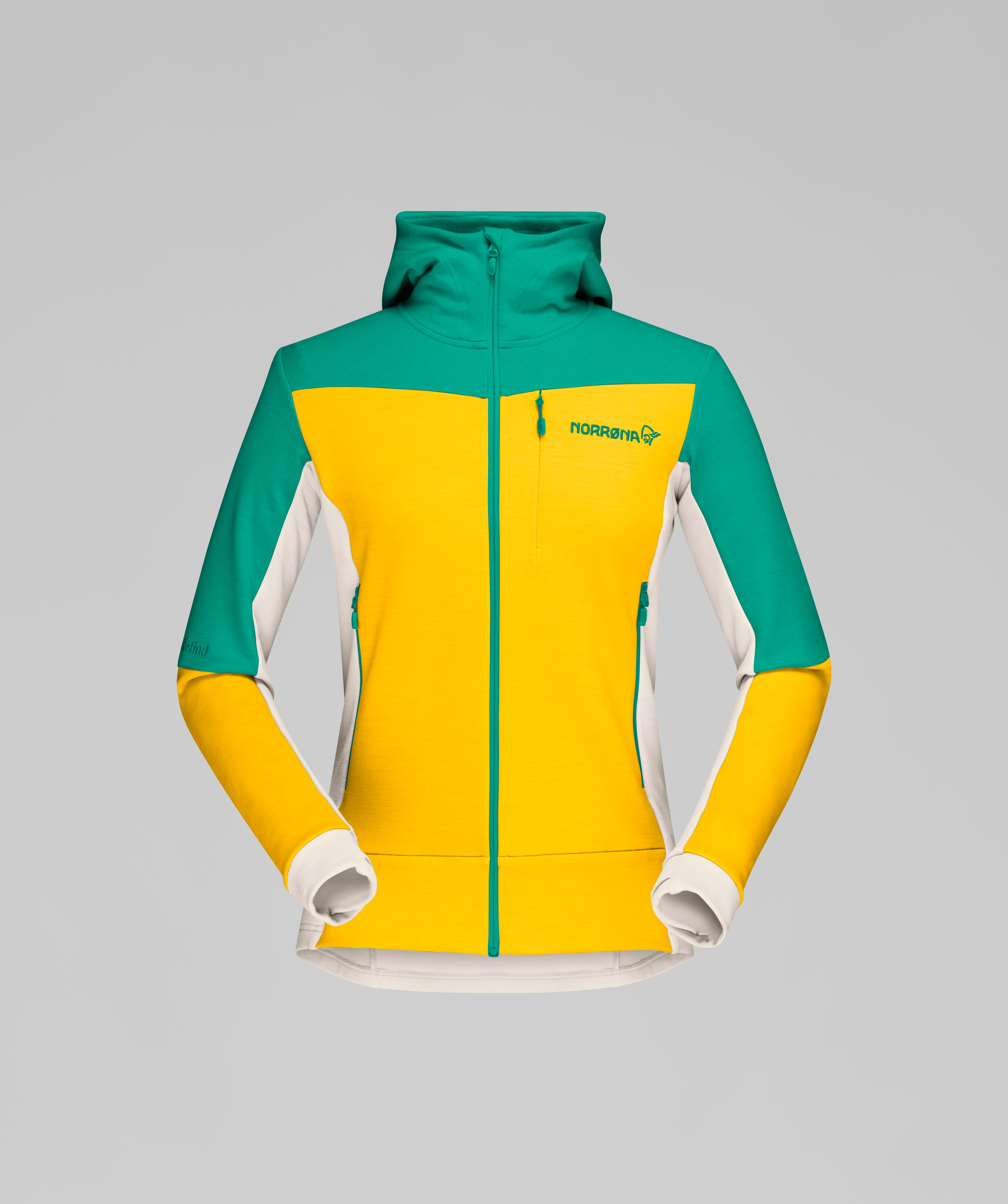 Packshot front image of falketind warmwool2 stretch  Zip Hood Lemon Chrome/Arcadia