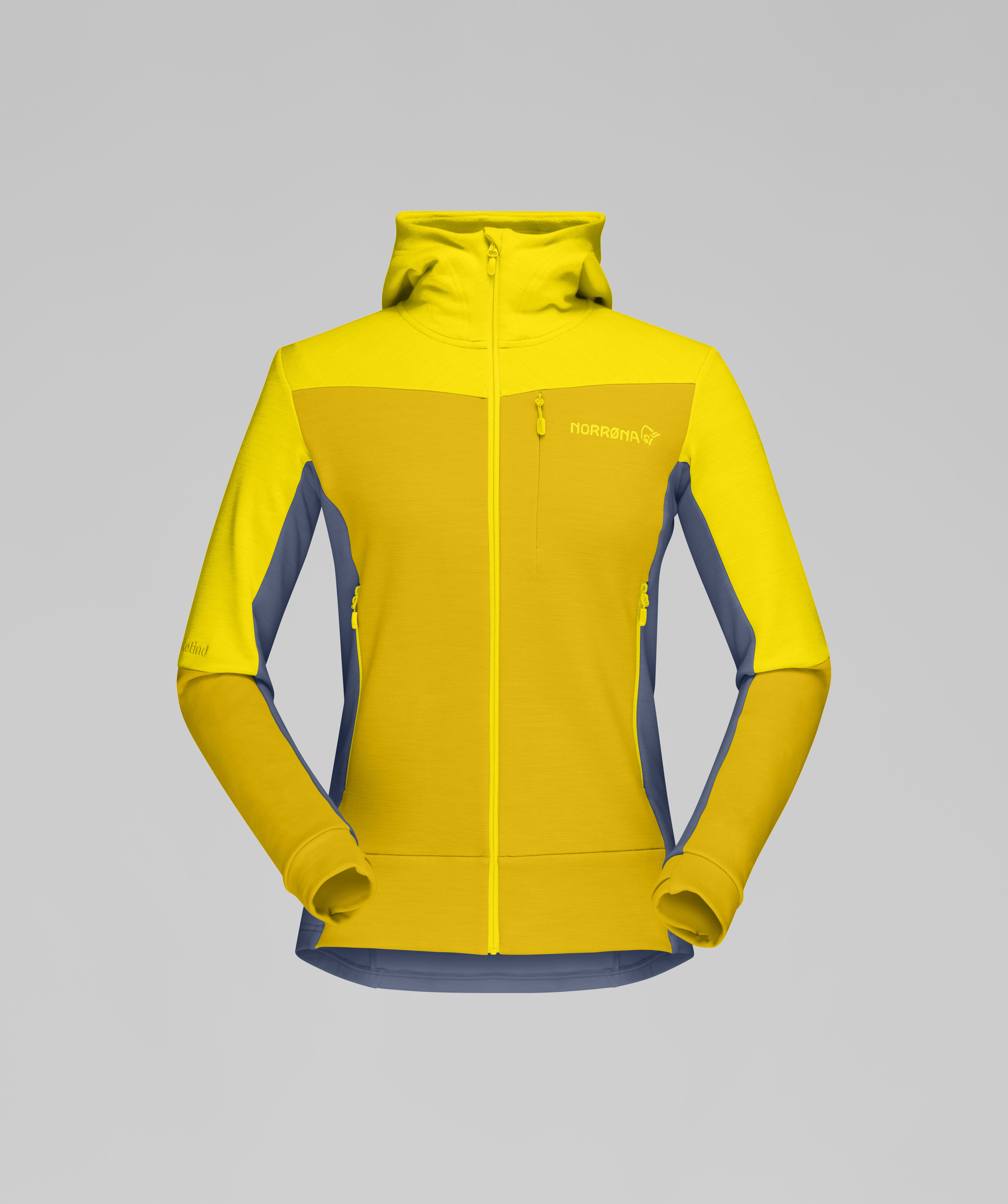 Packshot front image of falketind warmwool2 stretch Zip Hood Blazing Yellow/Sulphur