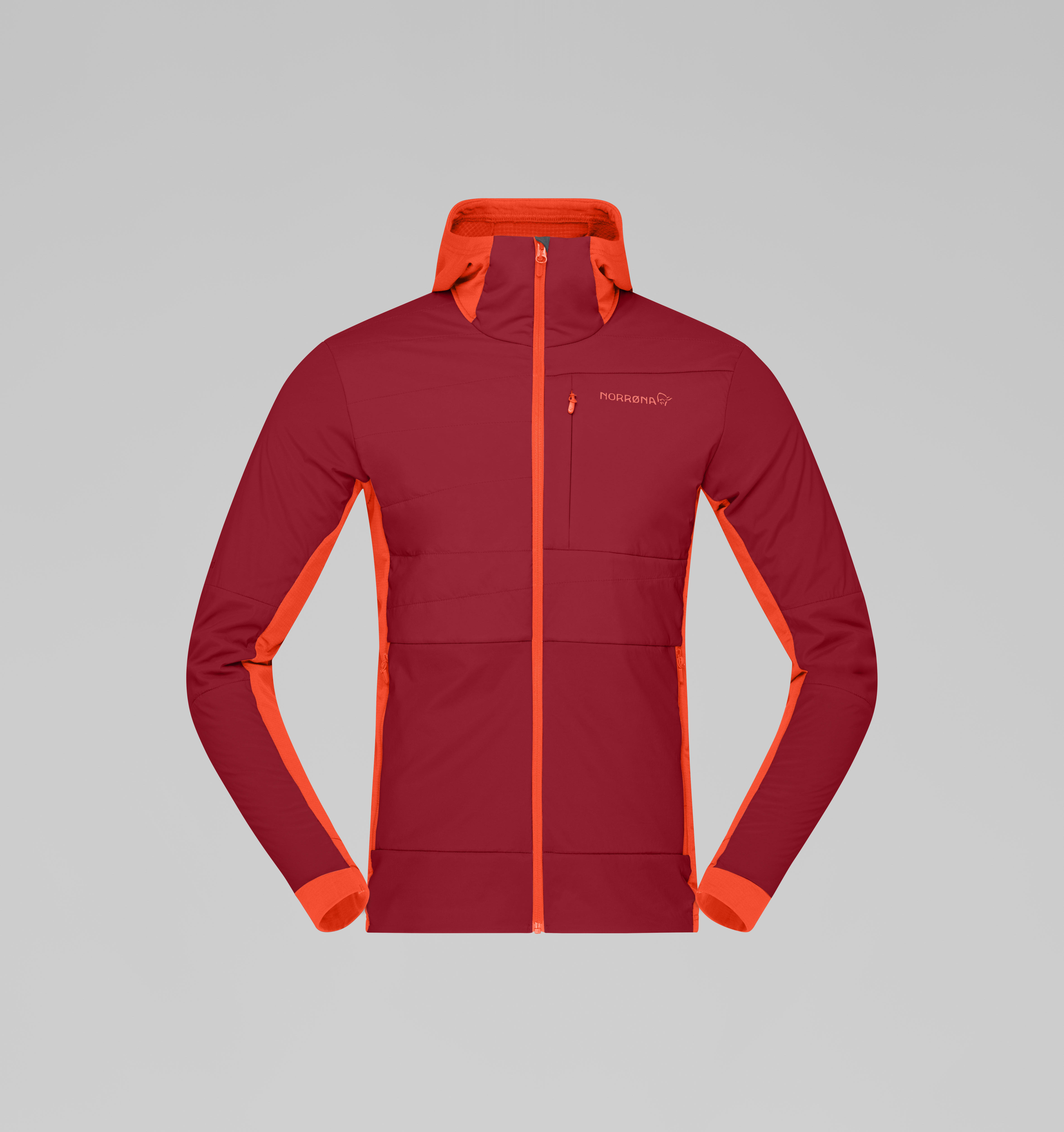 Packshot front image of falketind Alpha90 insulated Zip Hood Arednalin/Rhubarb