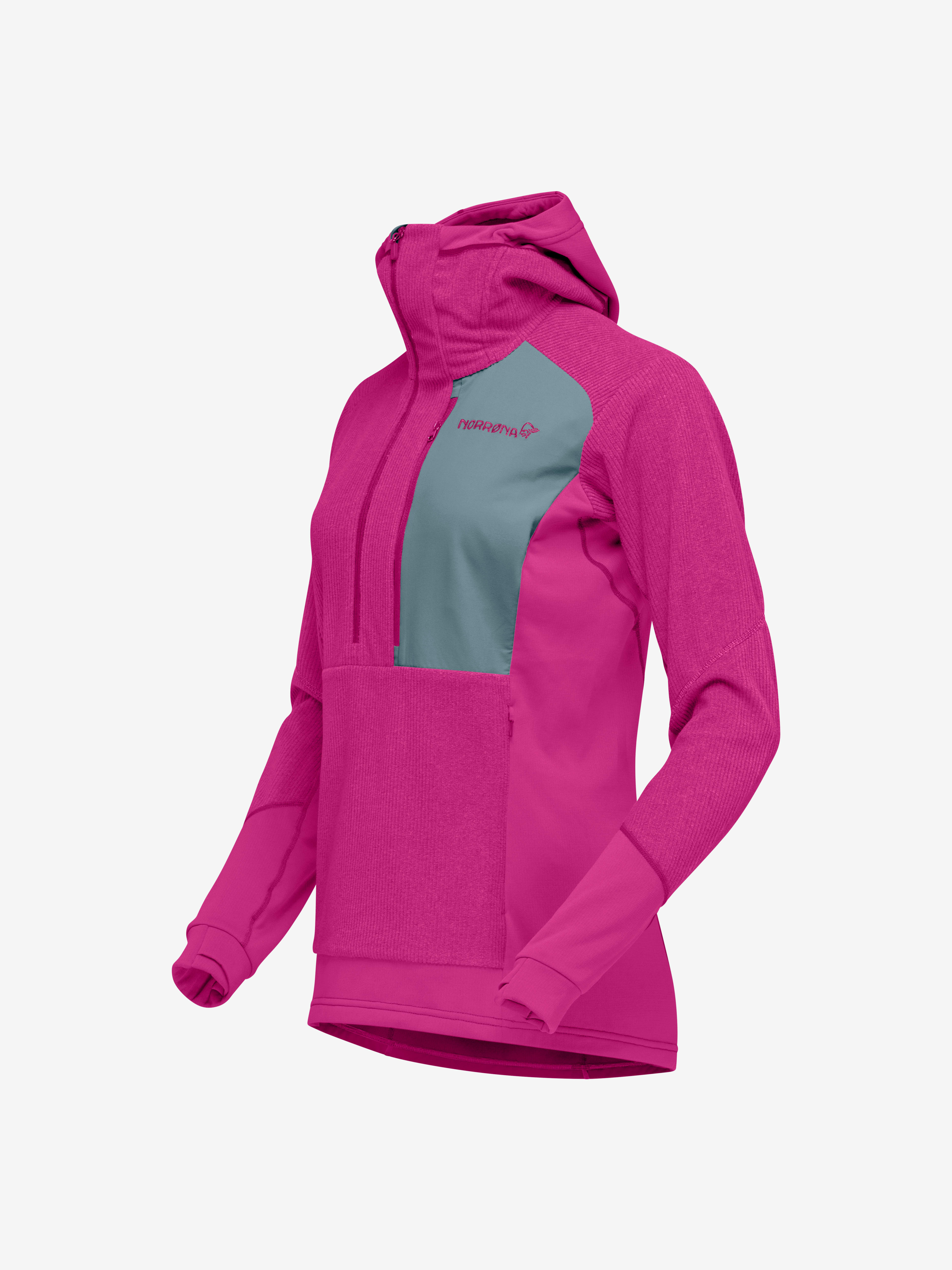 Packshot front left image of lofoten Thermal Pro Hood Festival Fuchsia