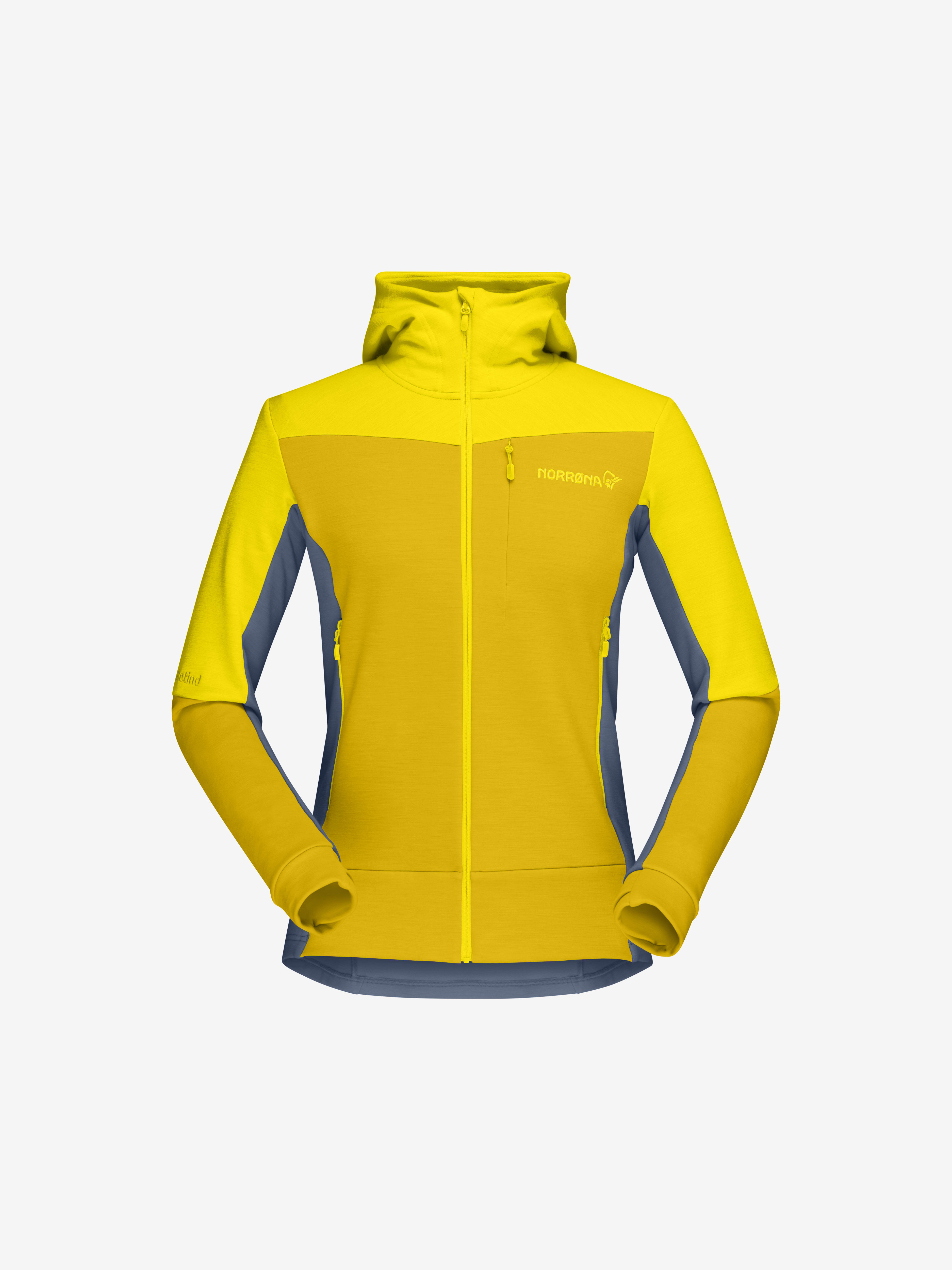 Packshot front image of falketind warmwool2 stretch Zip Hood Blazing Yellow/Sulphur