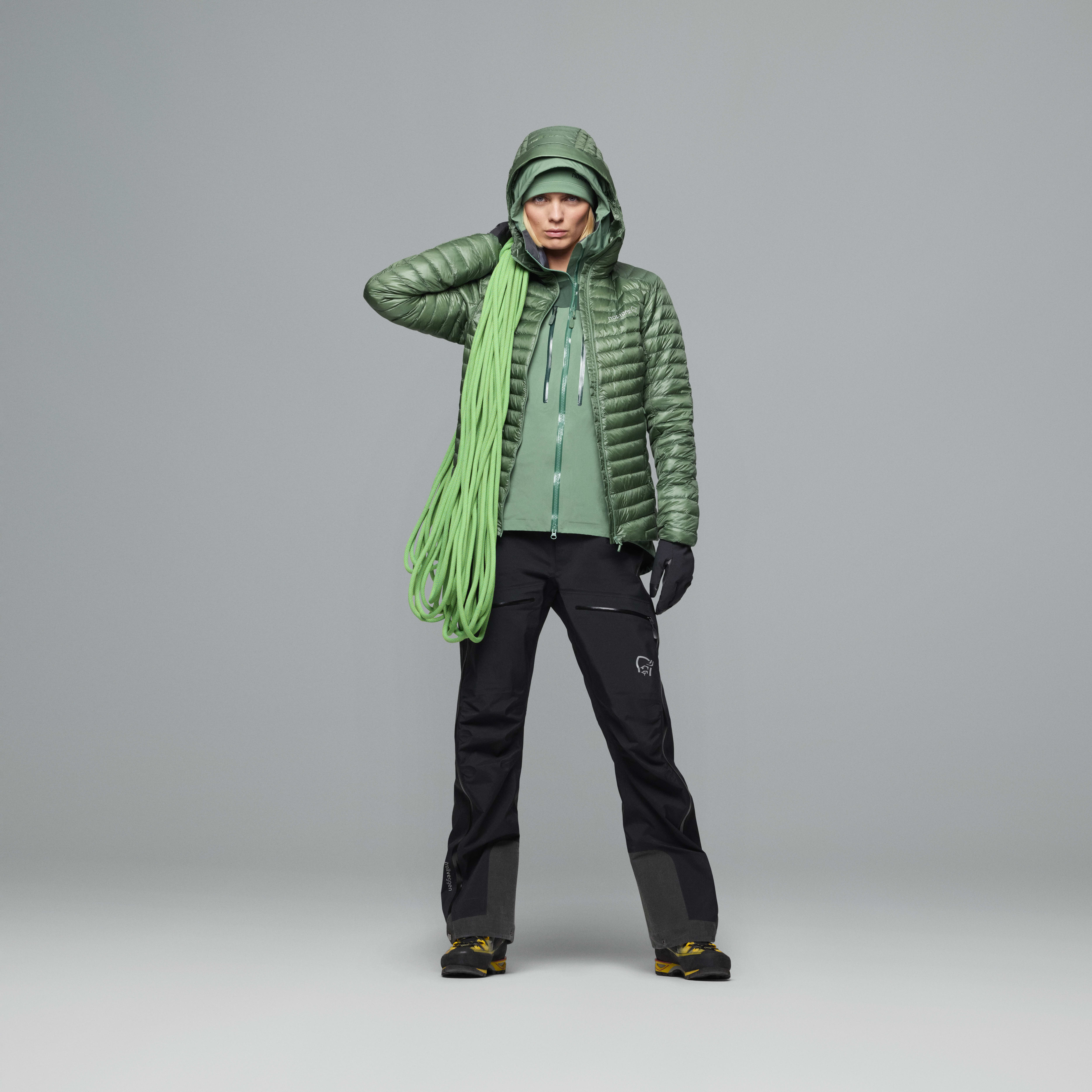 Female Look  image of trollveggen down800 super light Hood Dark Ivy