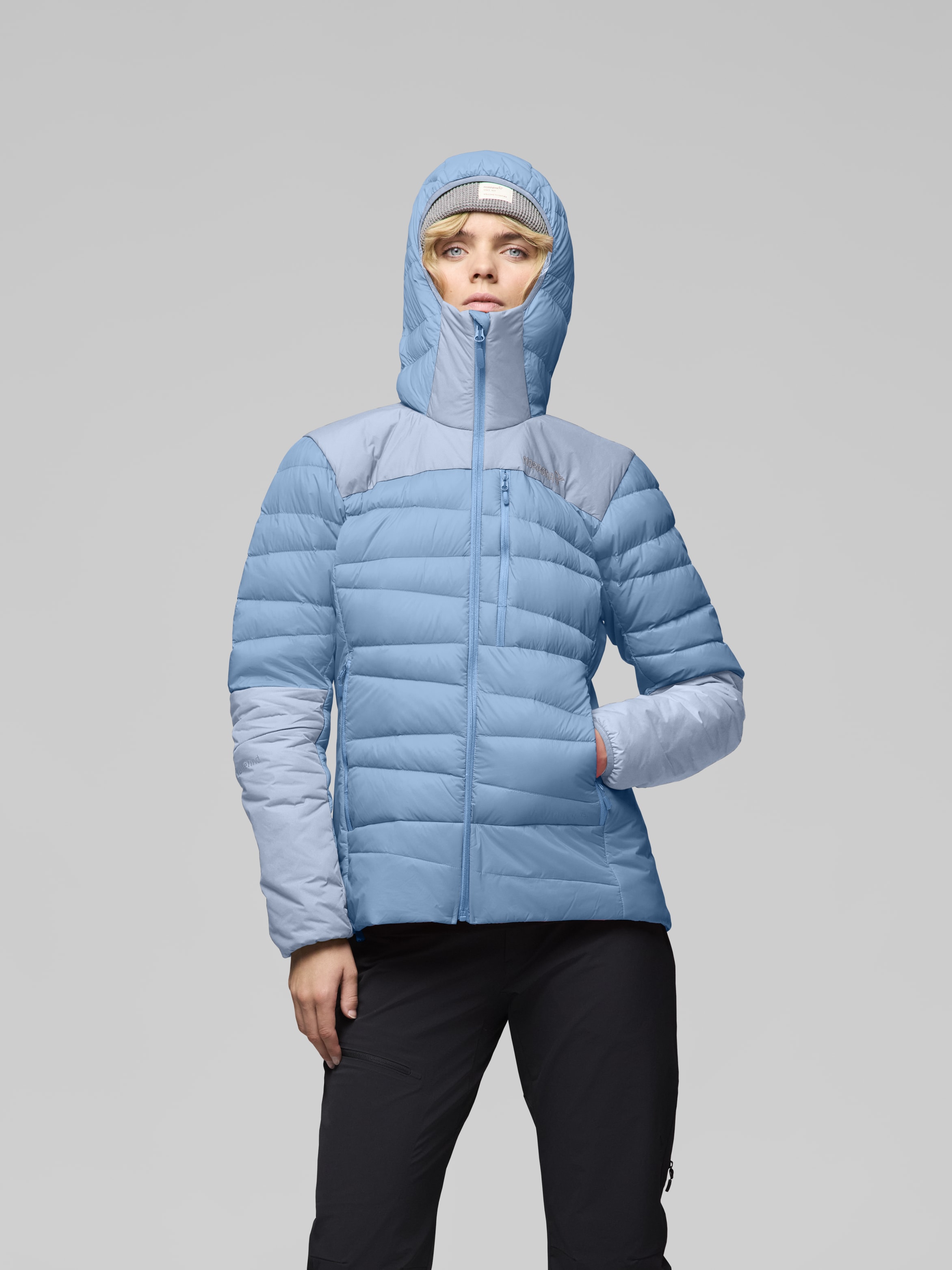 Female Look image of falketind down750 Zip Hood Allure/Cashmere Blue
