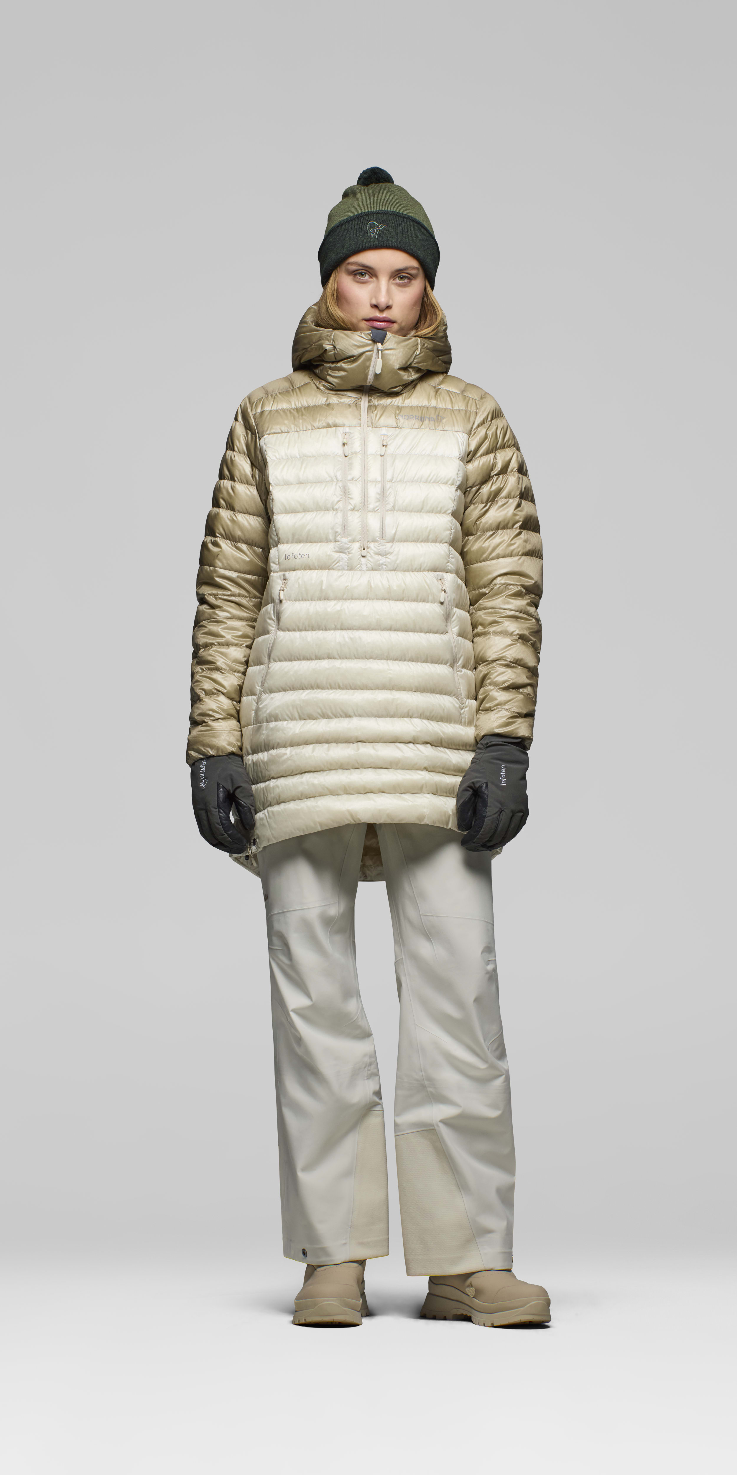Female Look front image of lofoten down800 Anorak Oatmeal