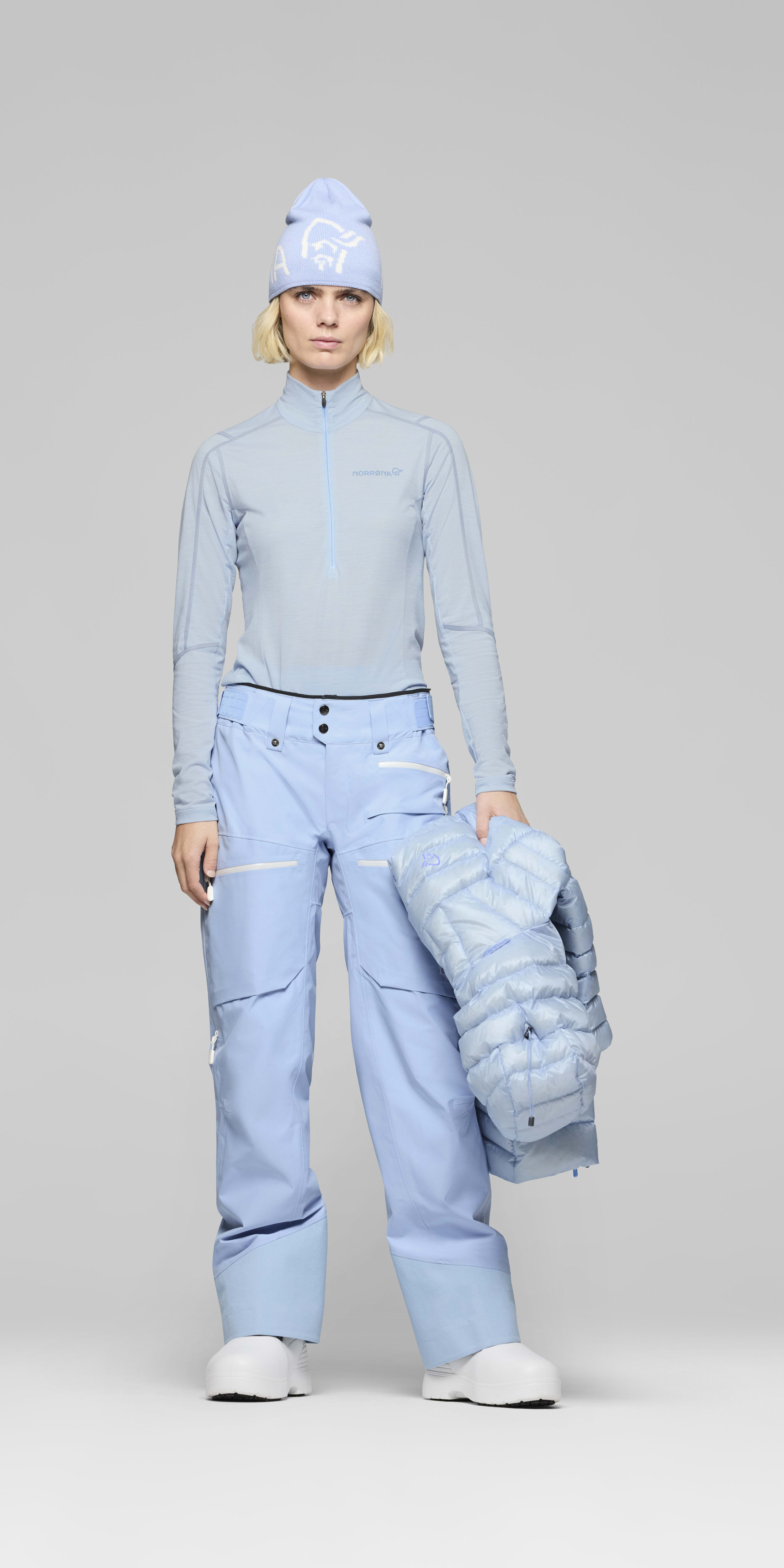 Female Look opening image of lofoten Gore-Tex Insulated Pants Cashmere Blue
