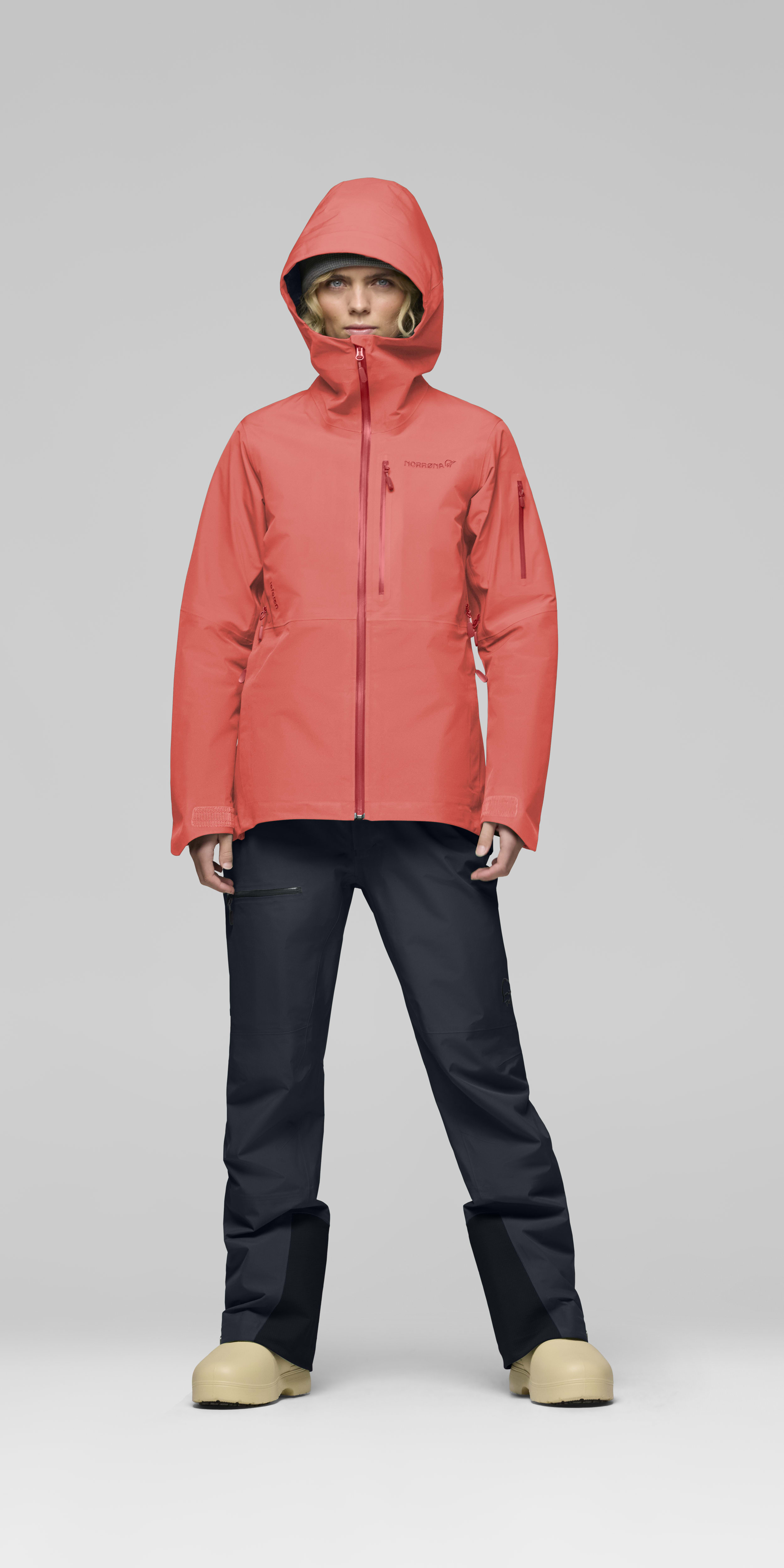 Female Look front image of lofoten Gore-Tex Jacket Deep Sea Coral
