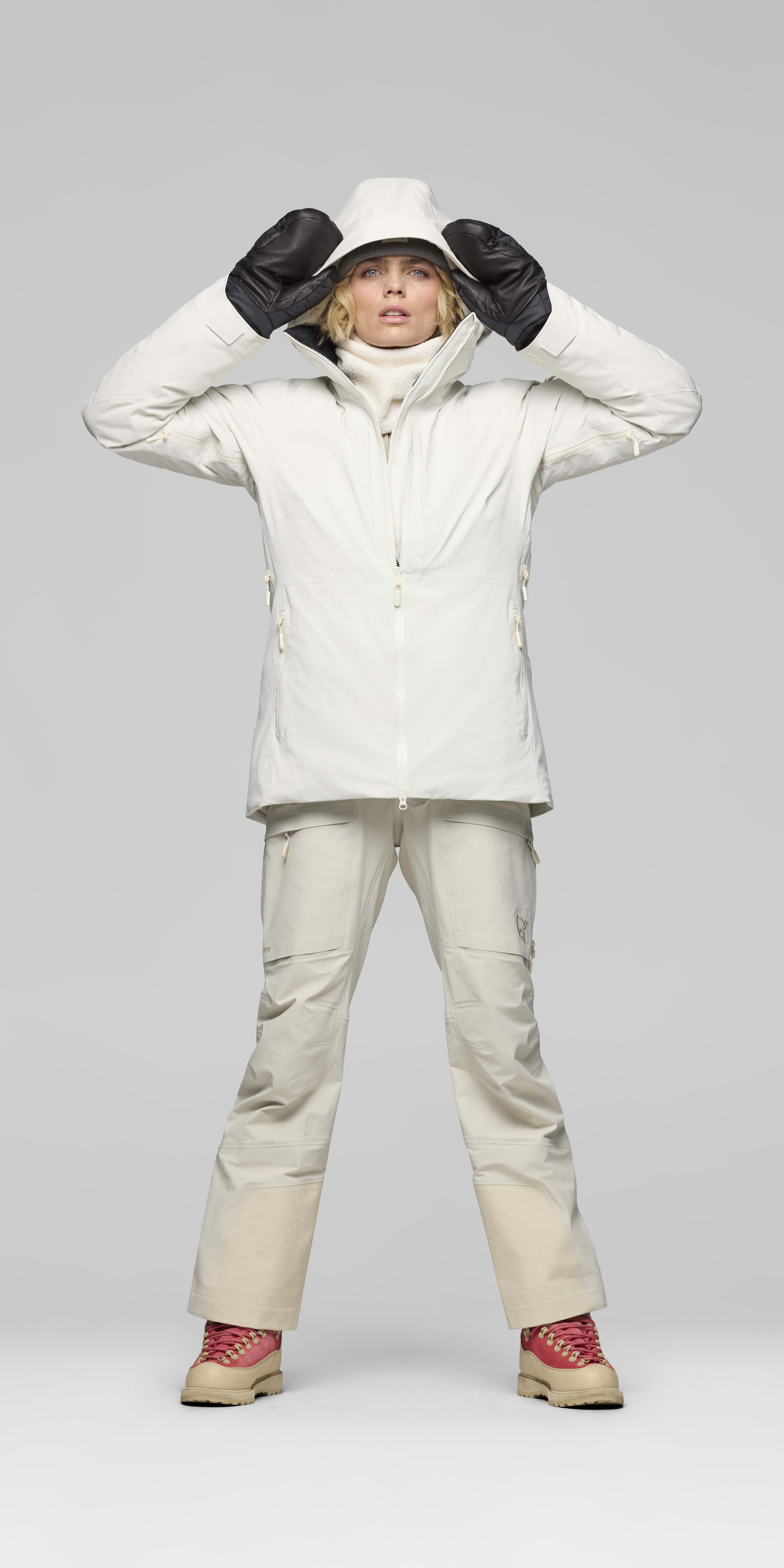 Female Look opening image of lofoten Gore-Tex down800 Jacket Whisper White
