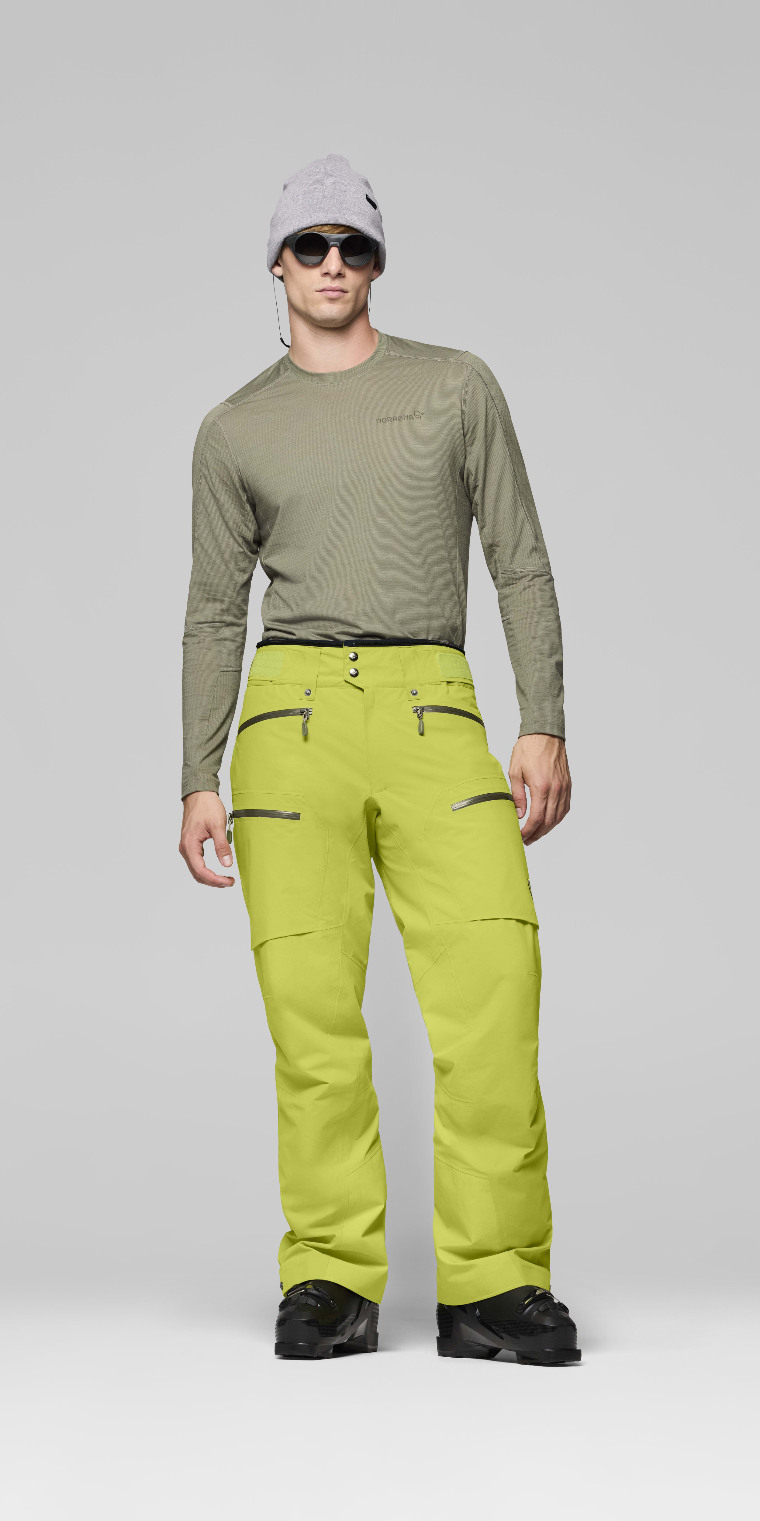 Male Look front image of lofoten Gore-Tex thermo60 Pants Dark Citron