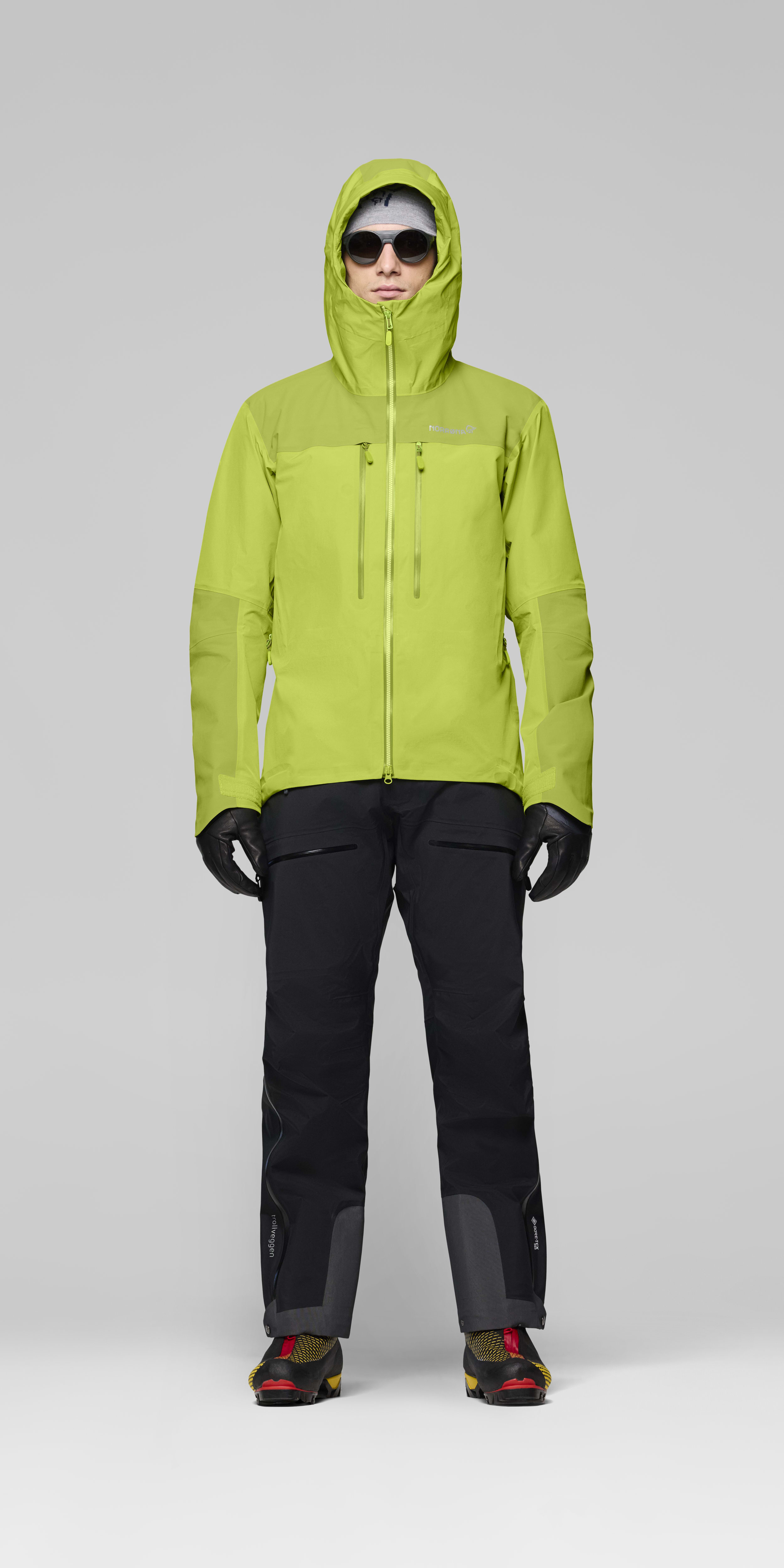 Male Look front image of trollveggen Gore-Tex Pro light Jacket Tender Shoots/Dark Citron