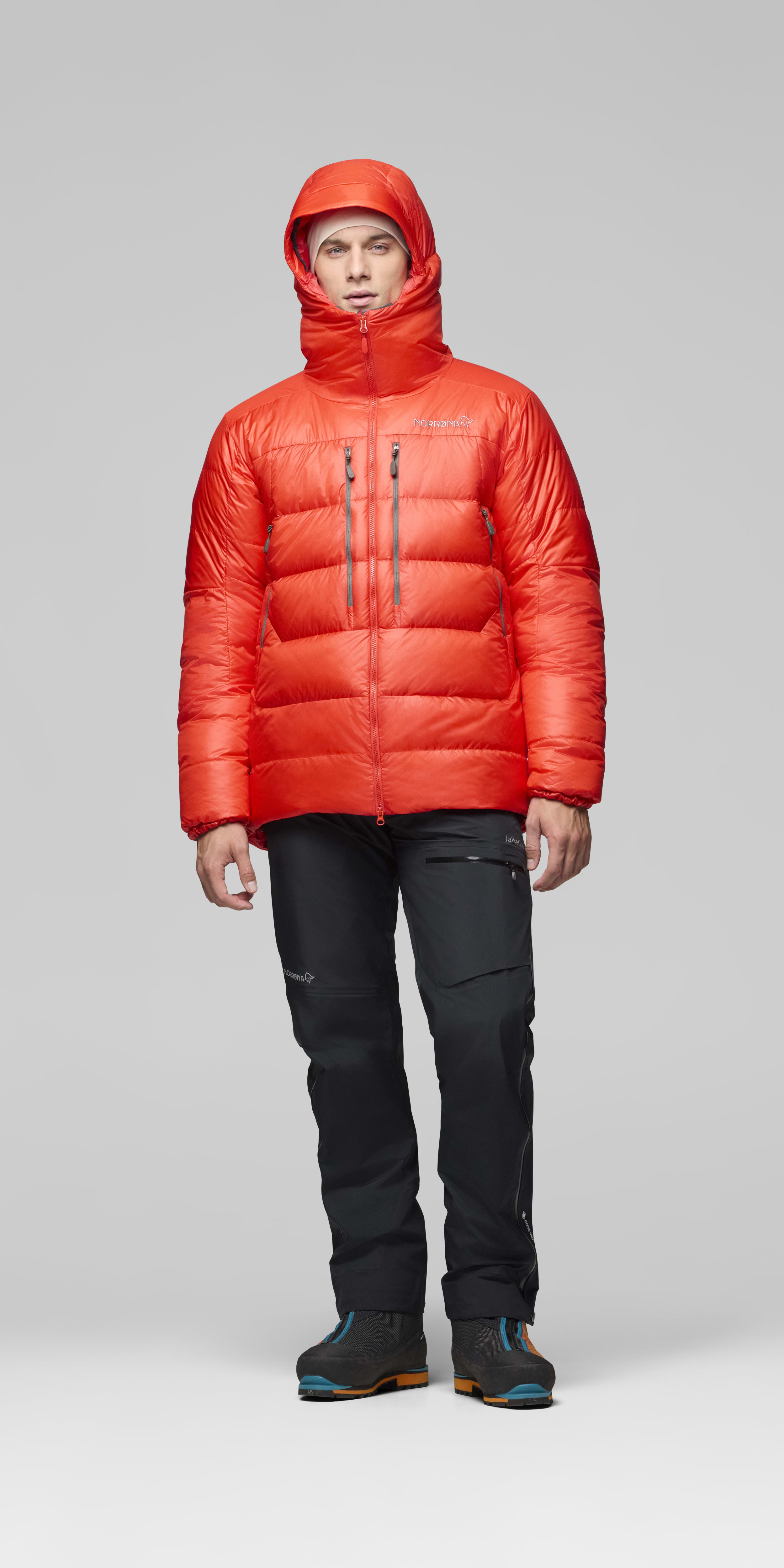 Male Look front image of trollveggen down800 Hood Flame Scarlet