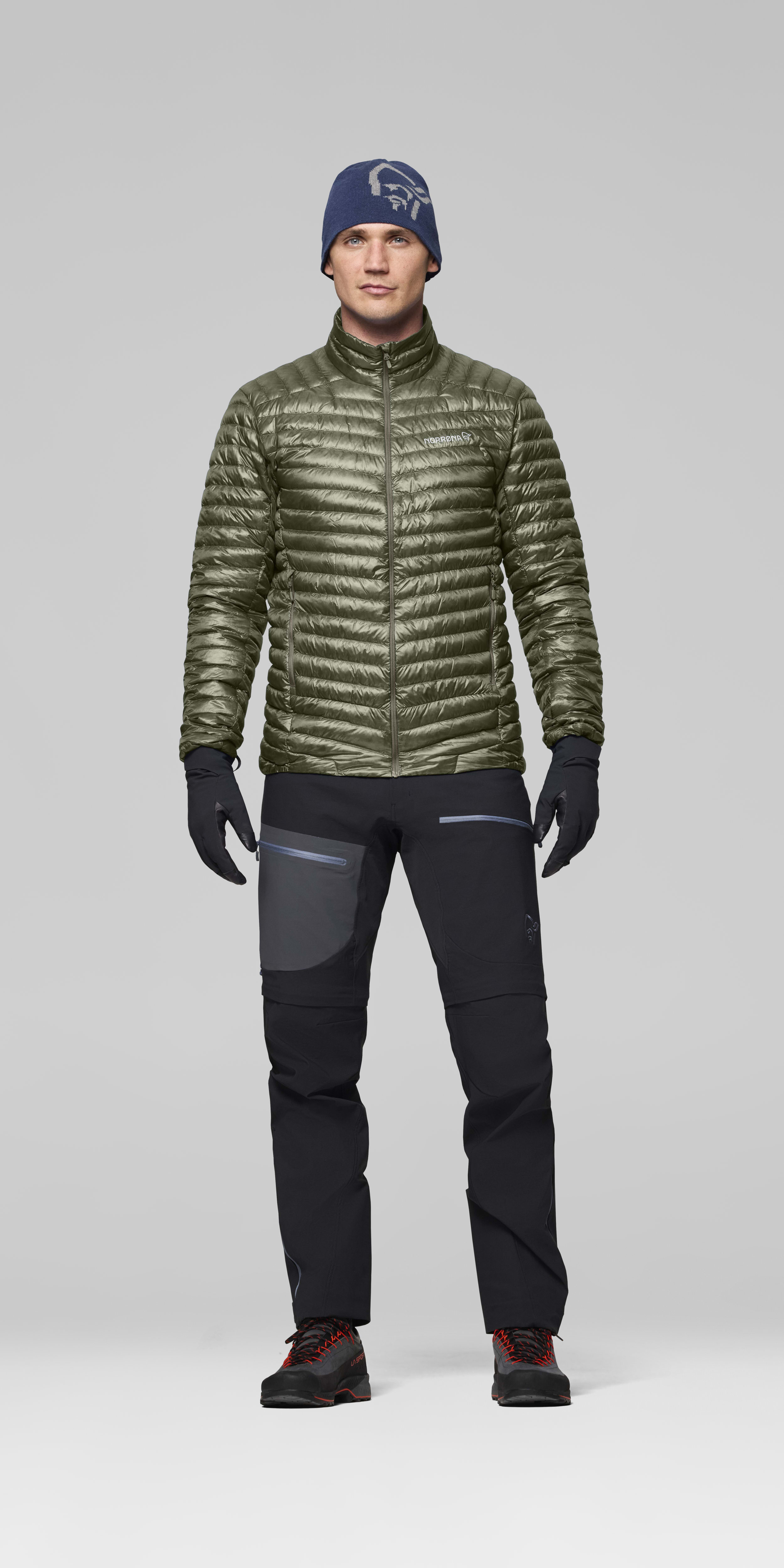Male Look front image of trollveggen down800 super light Jacket Deep Lichen Green