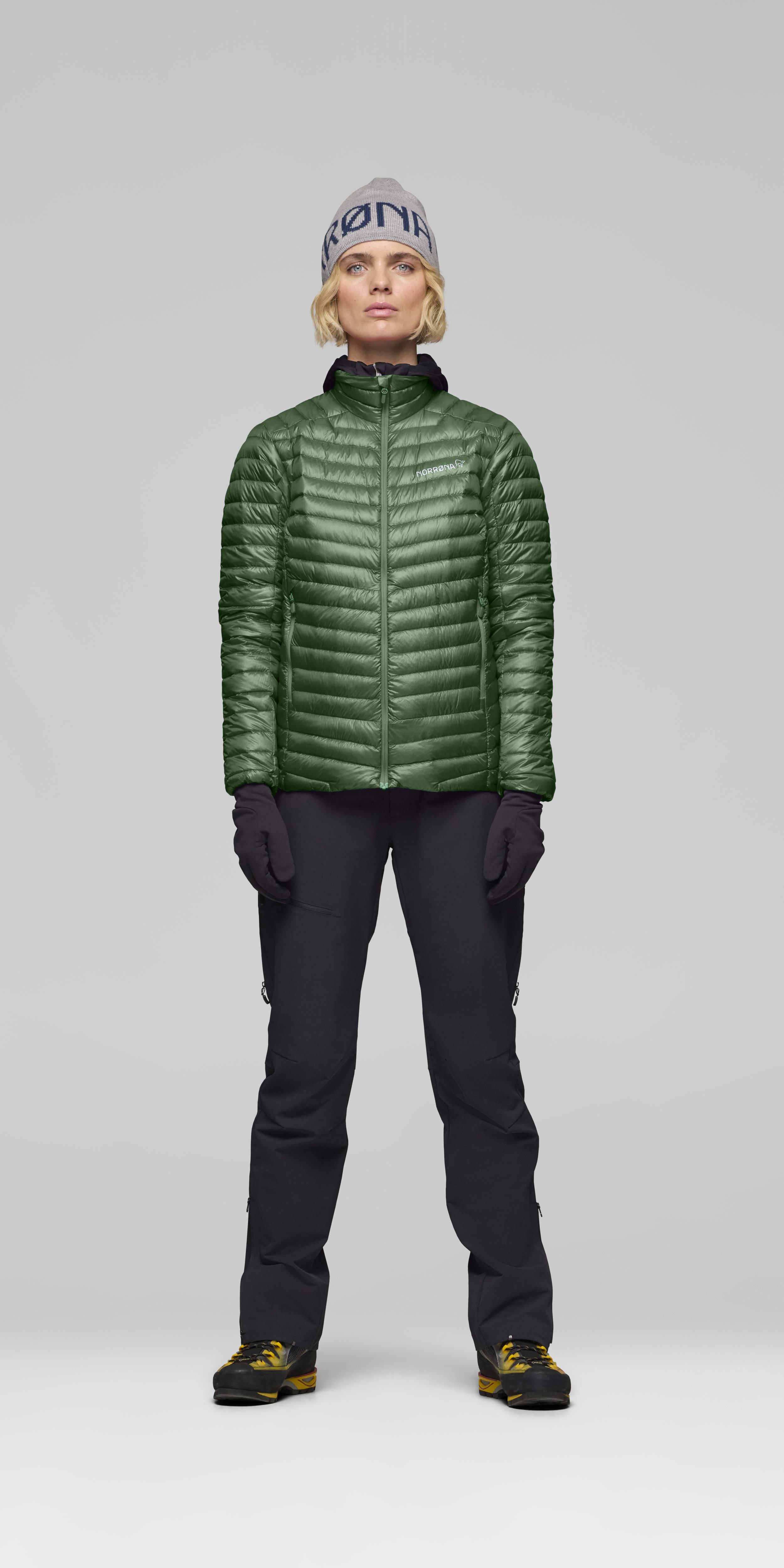 Female Look front image of trollveggen down800 super light Jacket Dark Ivy