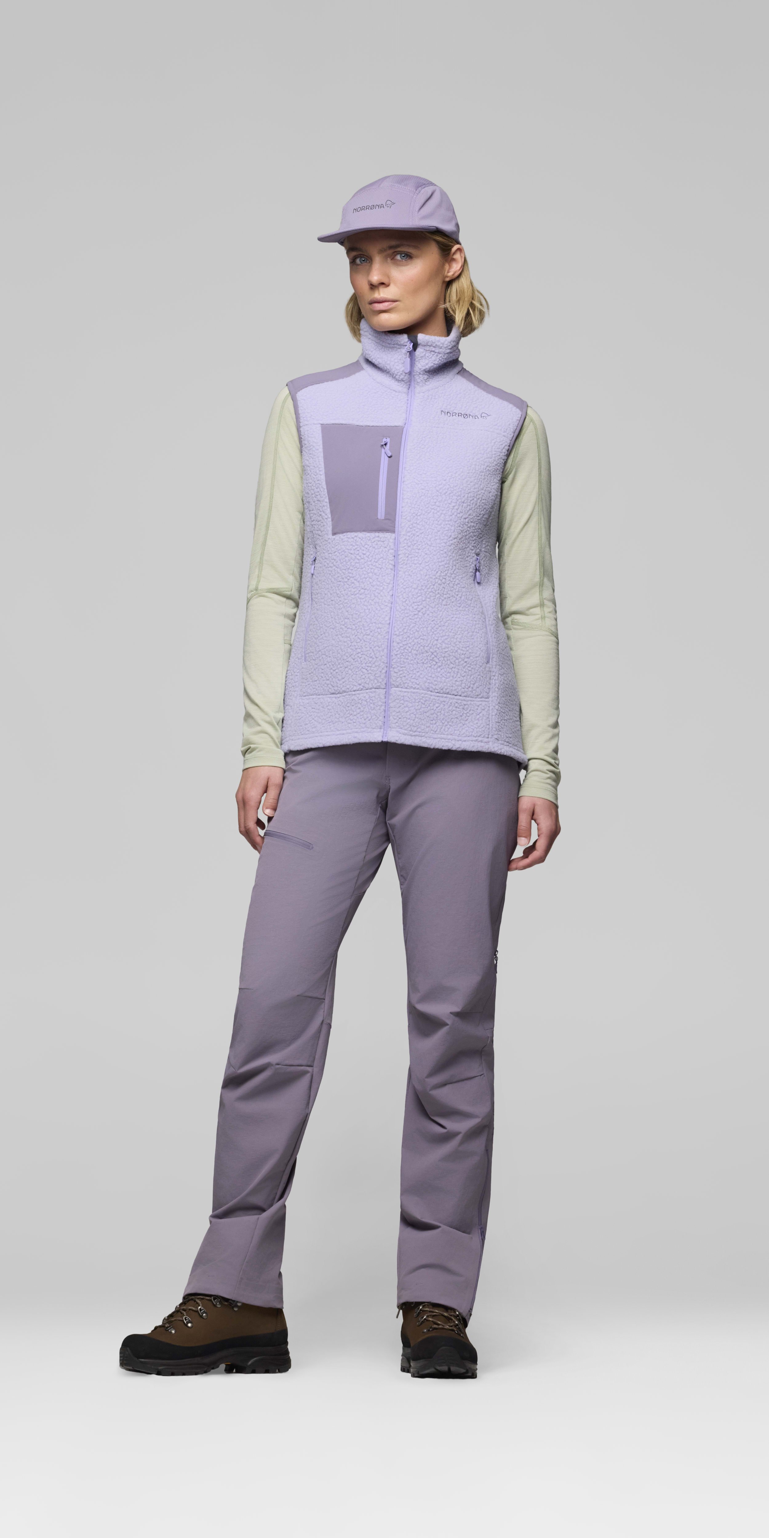 Female Look front image of trollveggen warm3 Vest Heirloom Lilac/Purple Sage