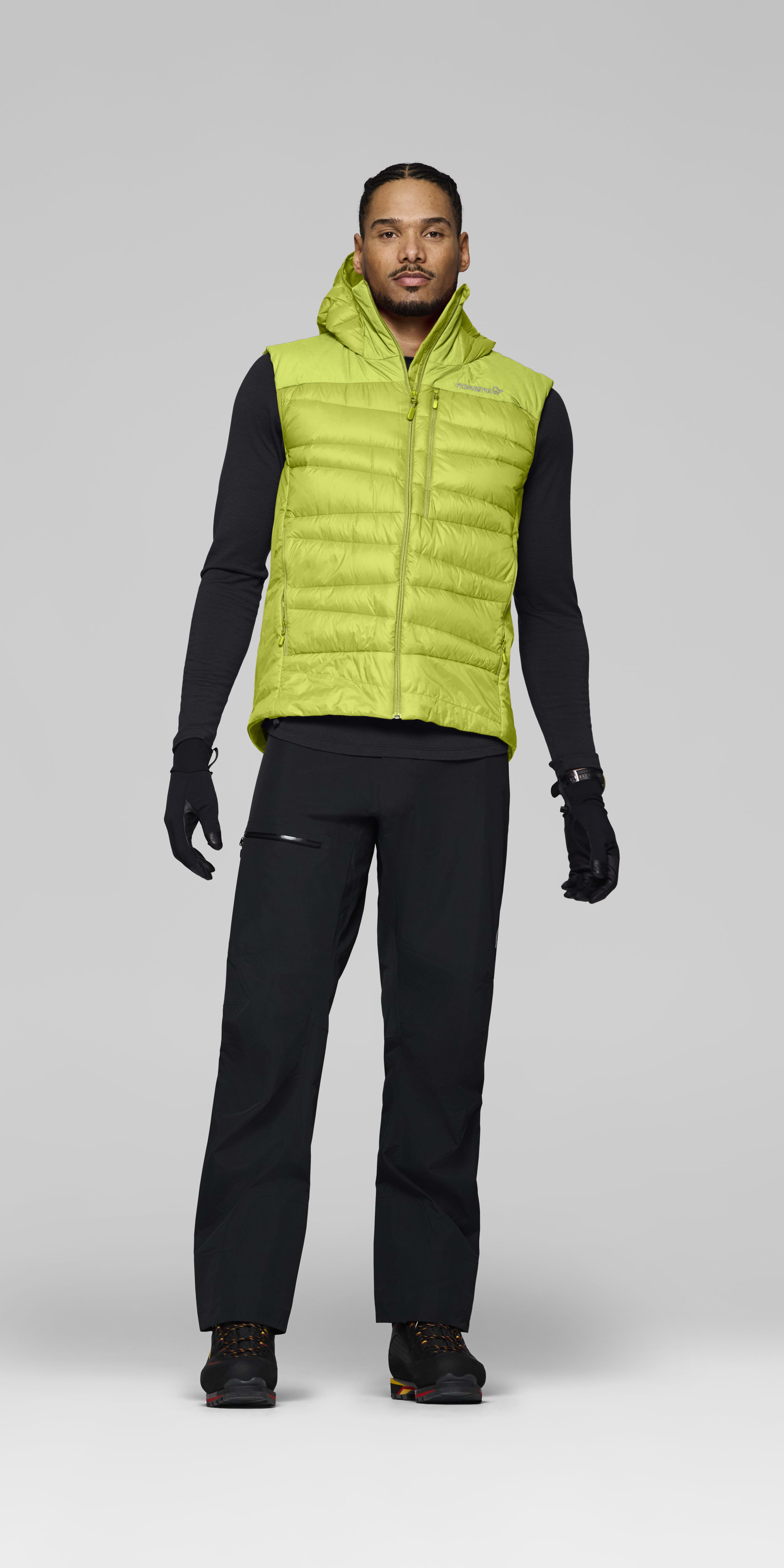 Male Look front image of falketind down750 Vest Dark Citron/Tender Shoots