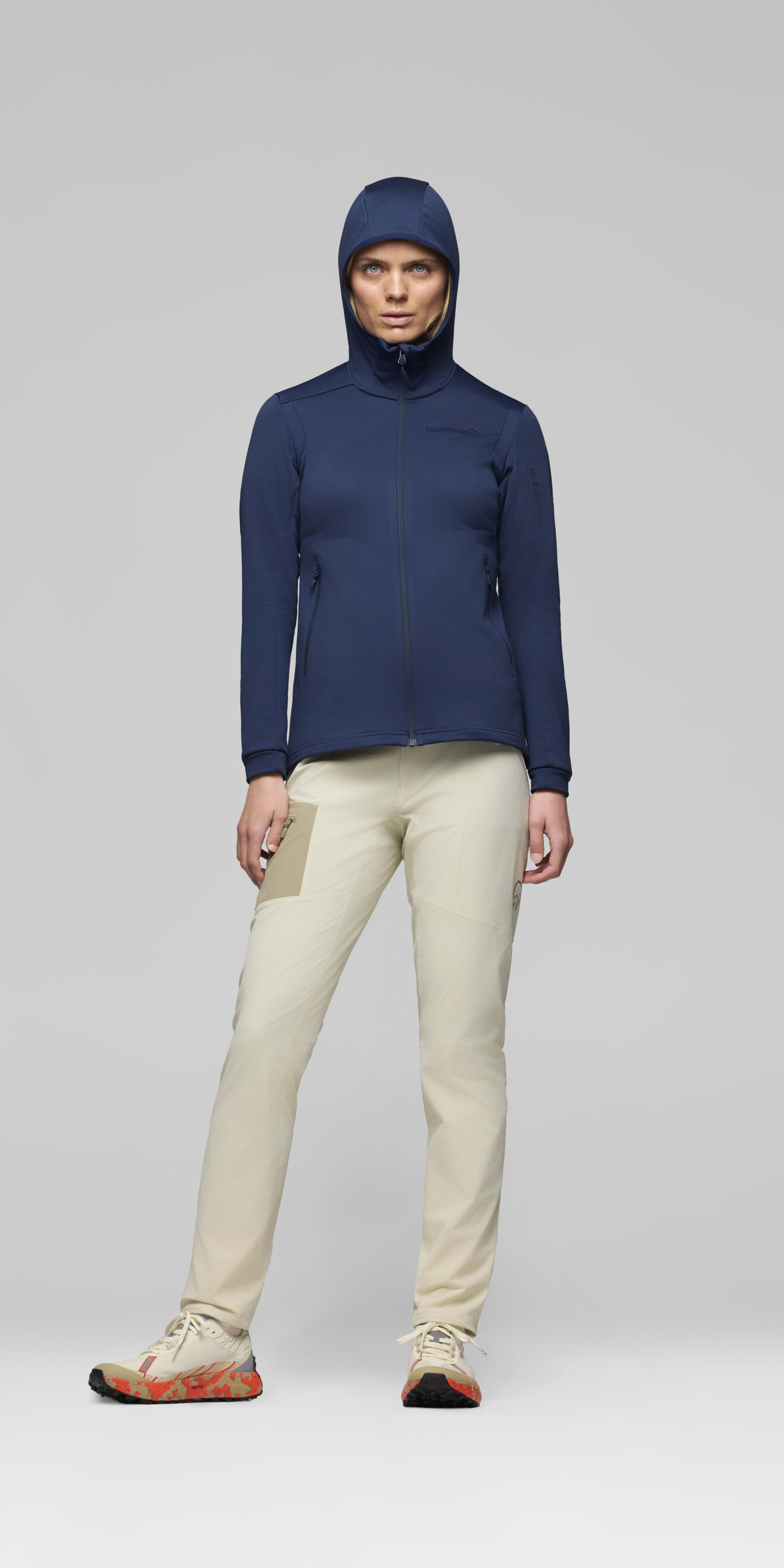Female Look front image of falketind warm2 stretch Hood Indigo Night/Indigo Night