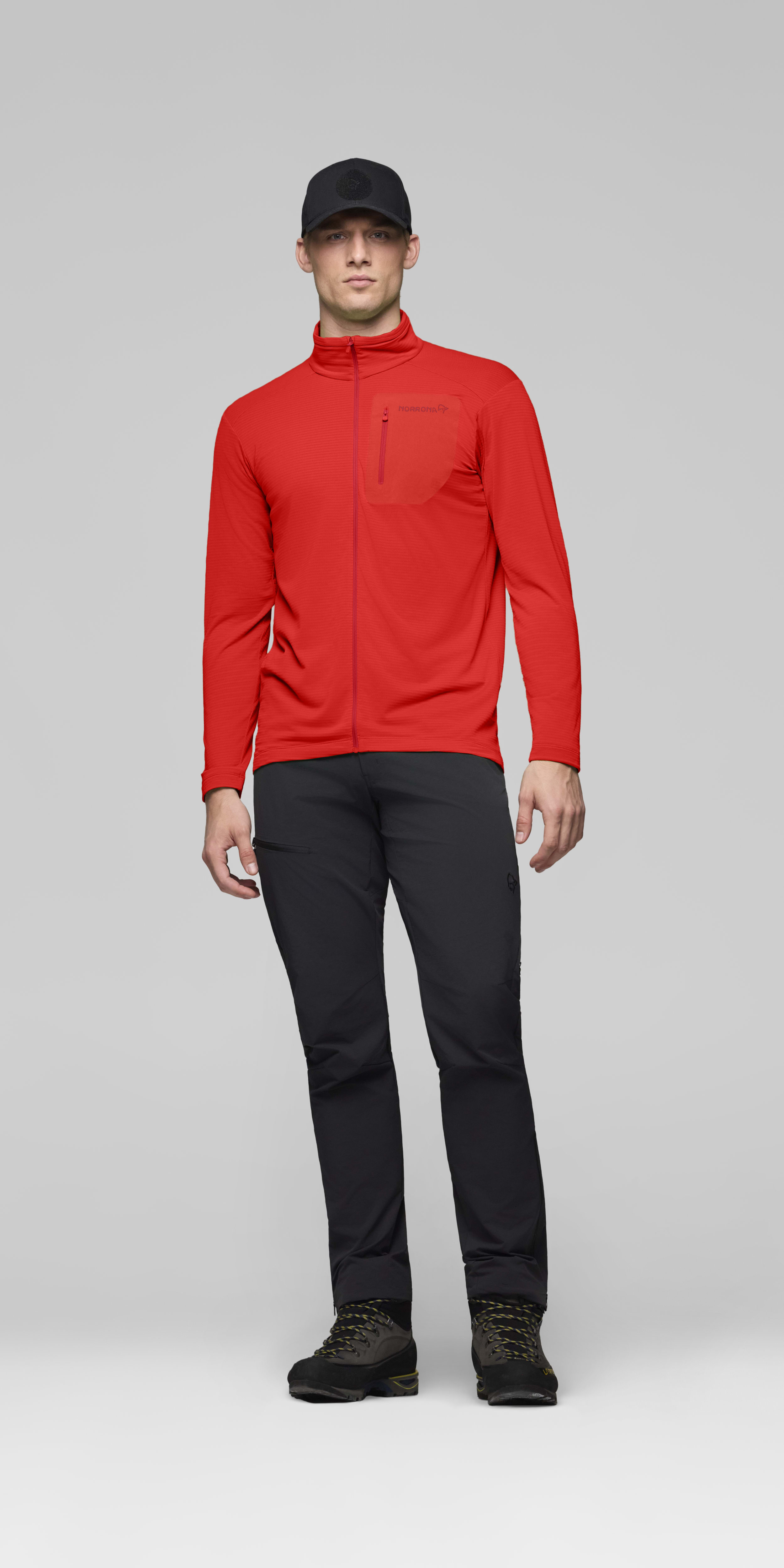 Male Look front image of falketind warm1 Jacket Fiery Red