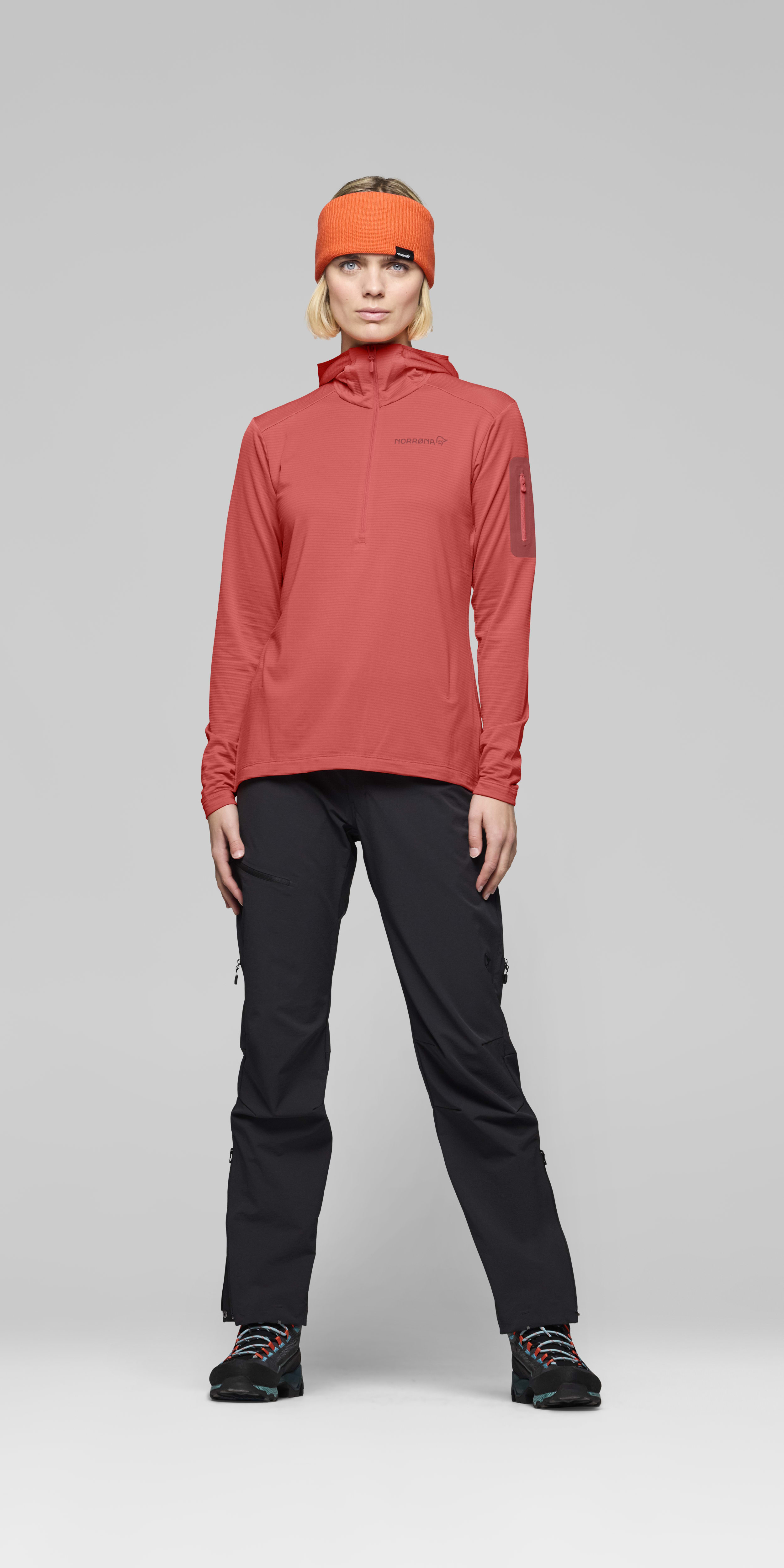 Female Look front image of falketind warm1 Hood Deep Sea Coral/Baked Apple