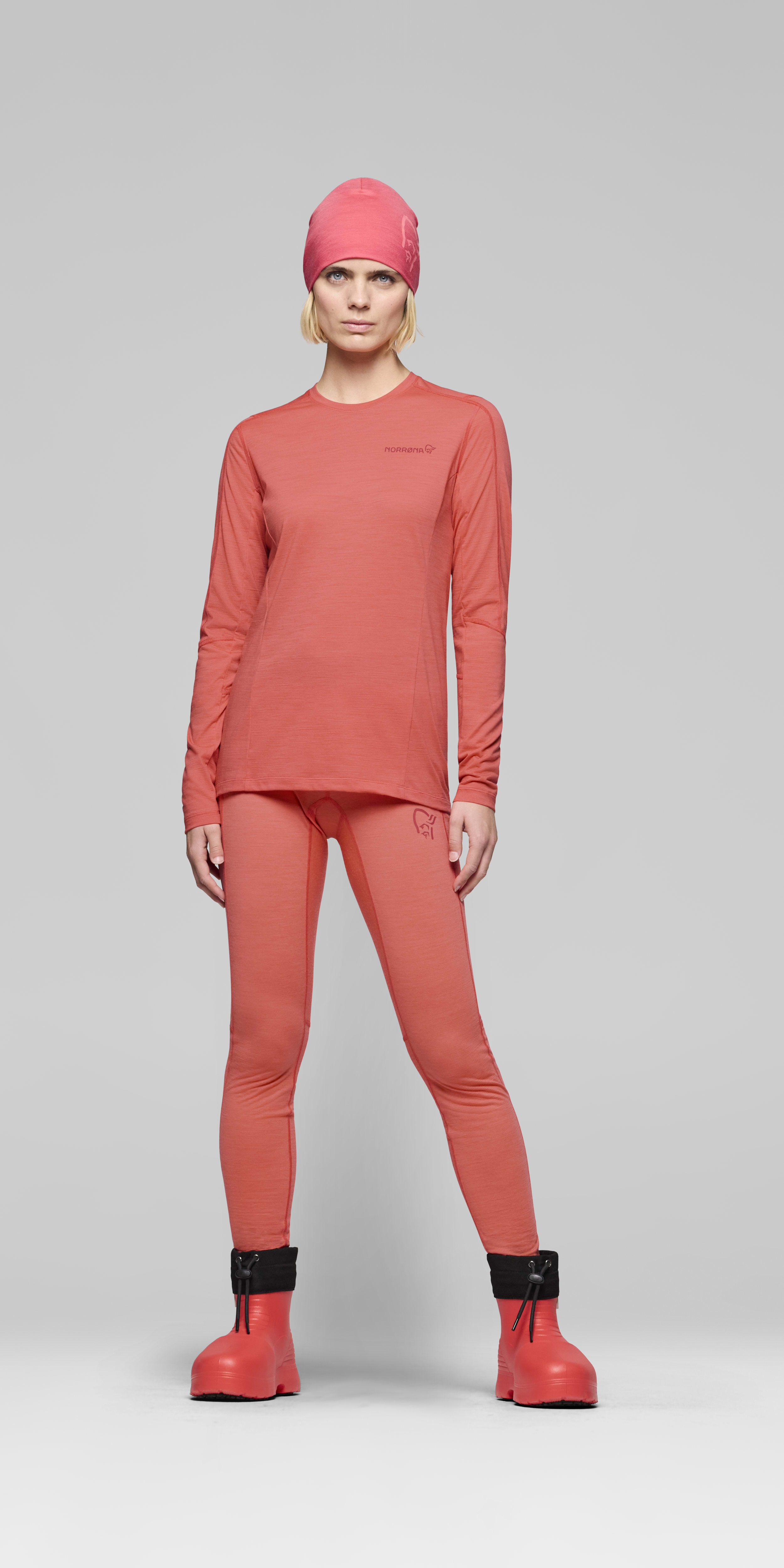 Female Look front image of falketind equaliserUll Long Sleeve Deep Sea Coral