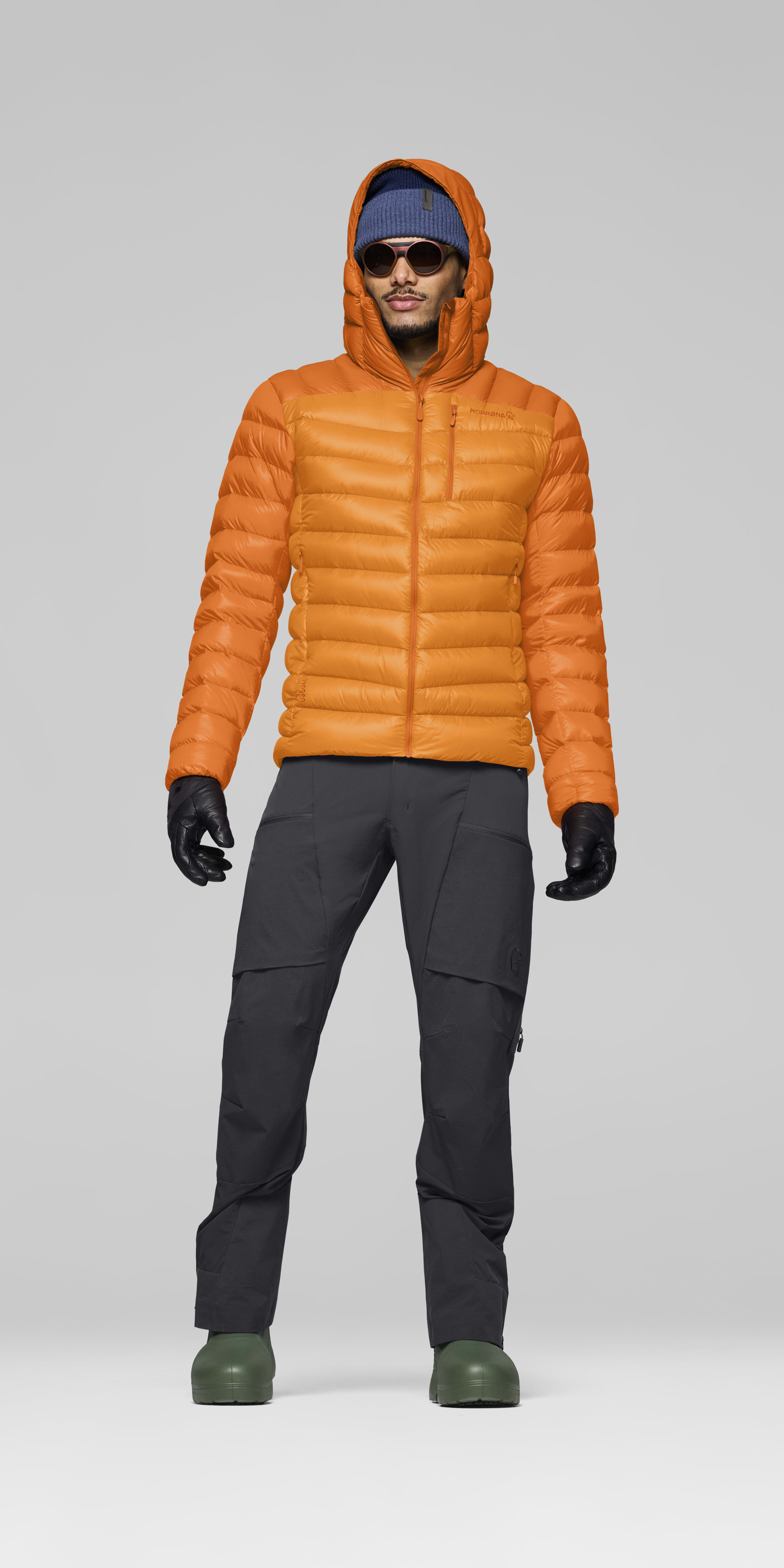 Male Look front image of lyngen down850 Hood Exuberance/Gold Flame