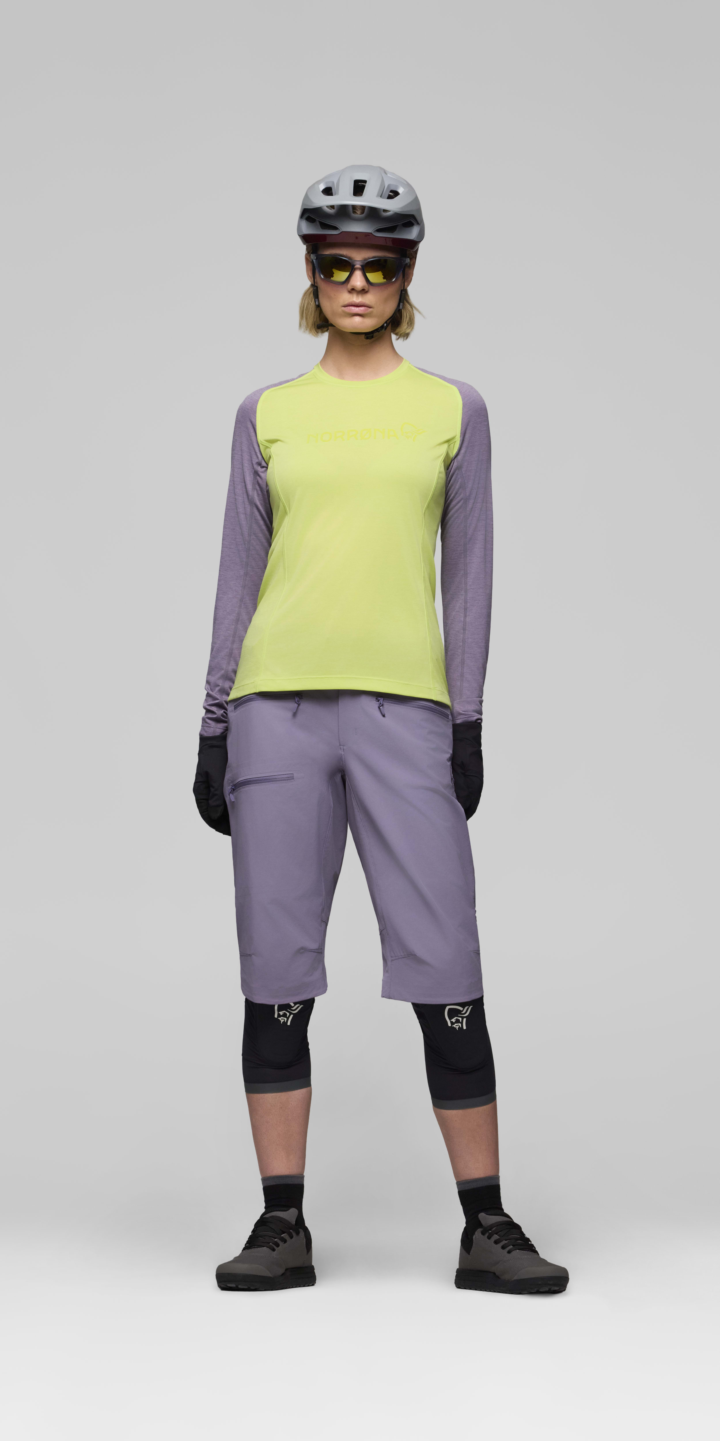Female Look front image of fjora equaliser lightweight Long Sleeve Limeade/Purple Sage