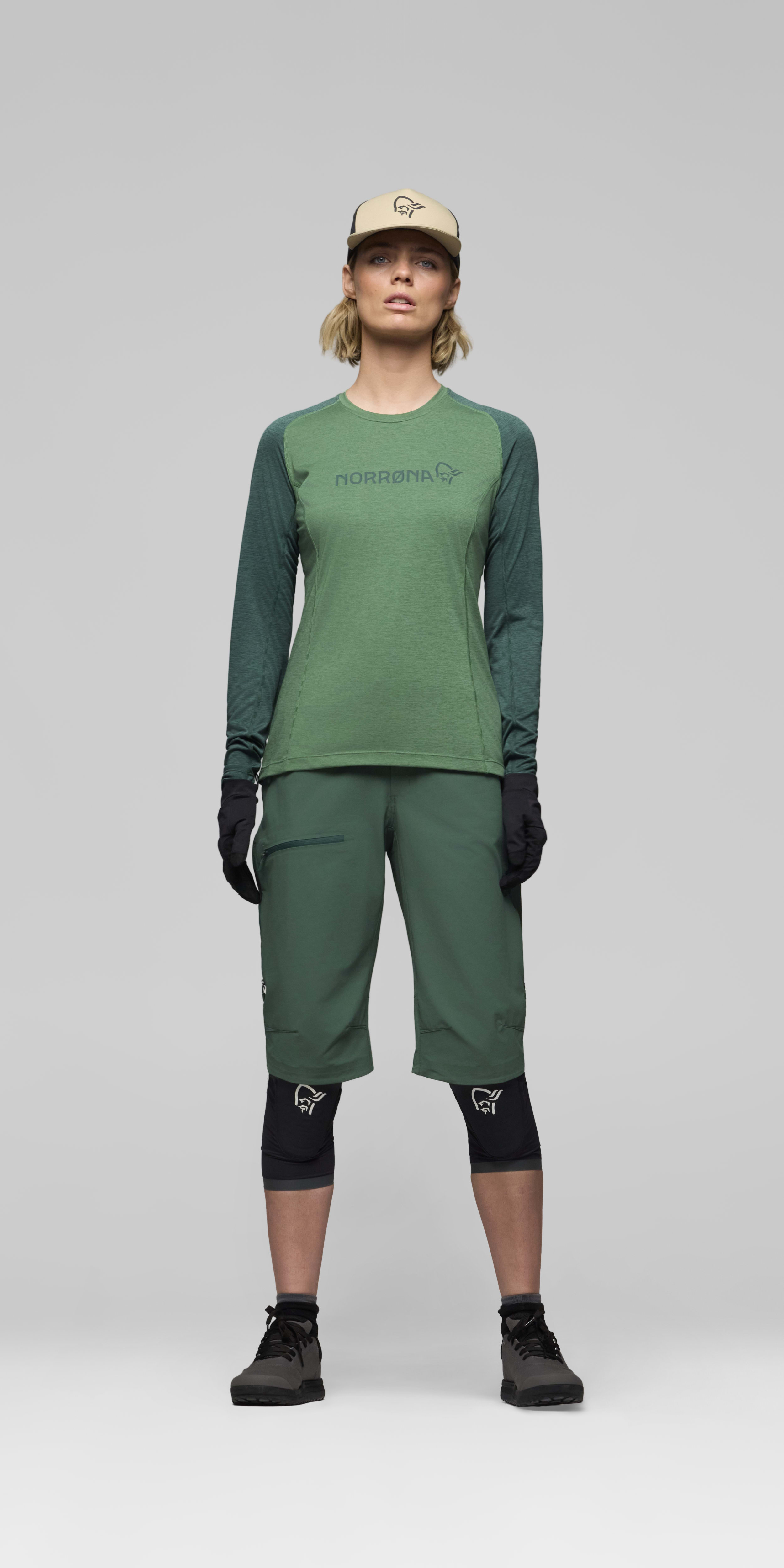 Female Look front image of fjora equaliser lightweight Long Sleeve Jungle Green/Dark Ivy