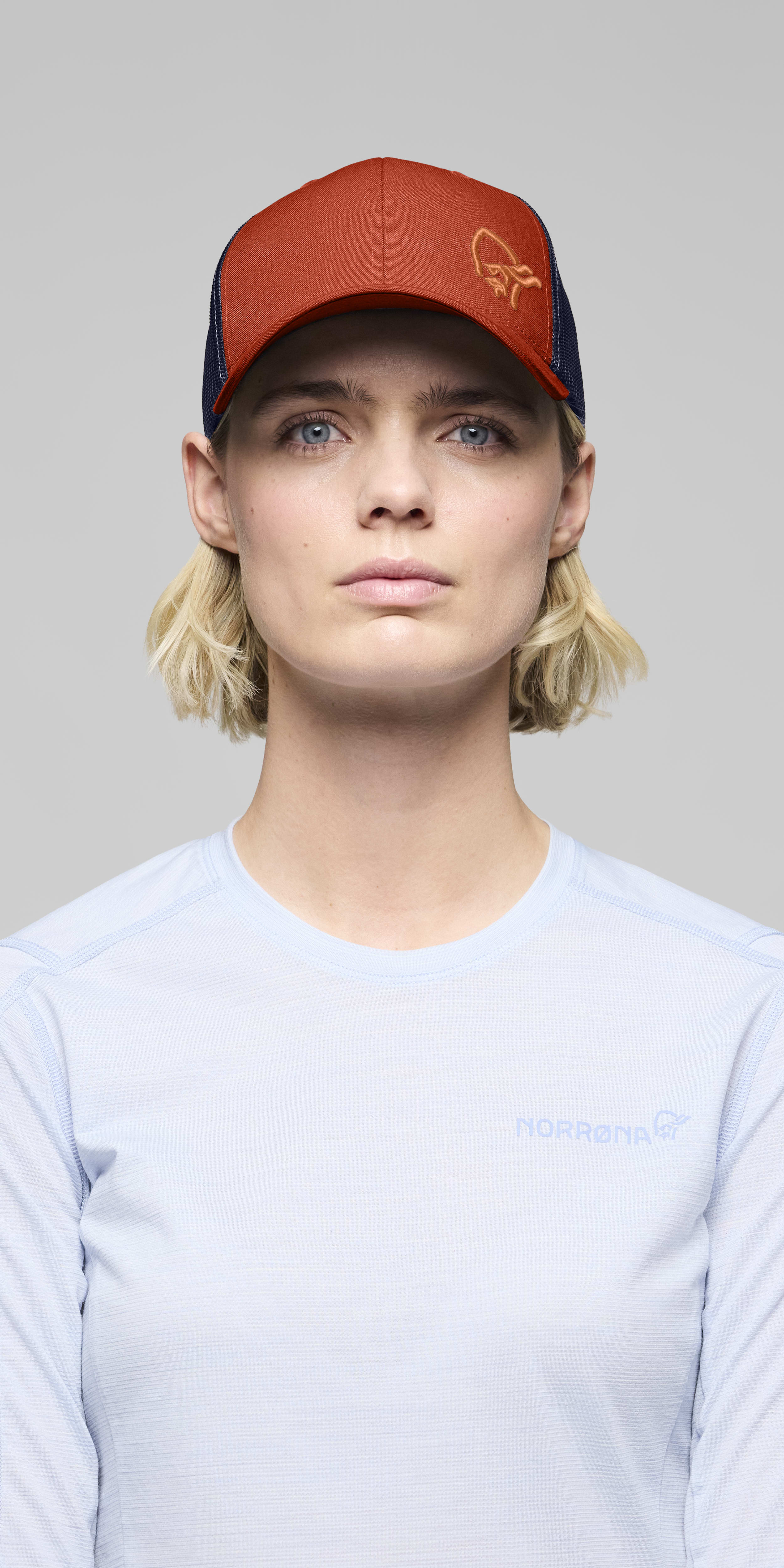 Female Look front image of 29 snap back trucker mesh Cap Gold Flame