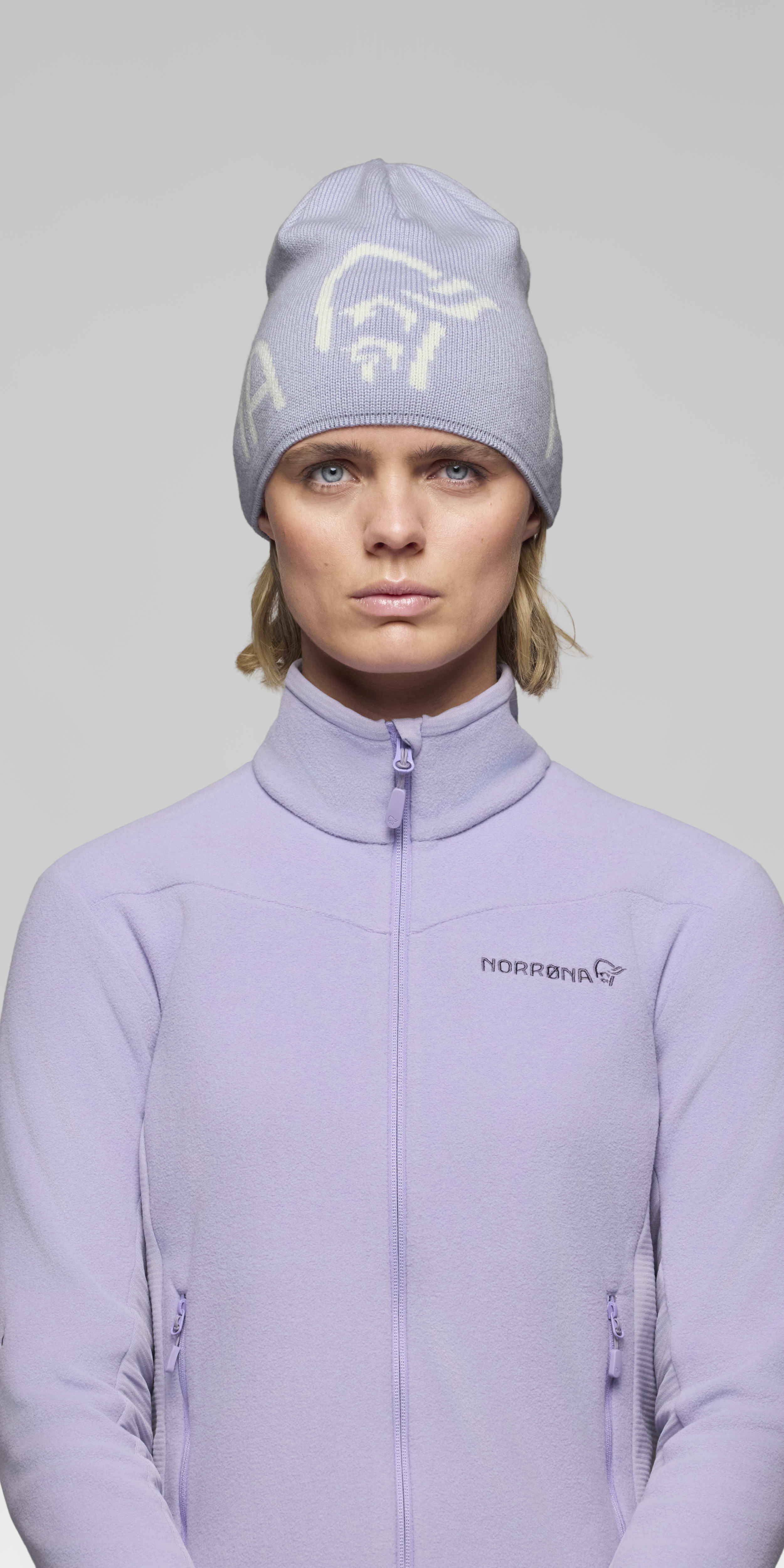 Female Look front image of 29 mid merinoUll logo Beanie Heirloom Lilac