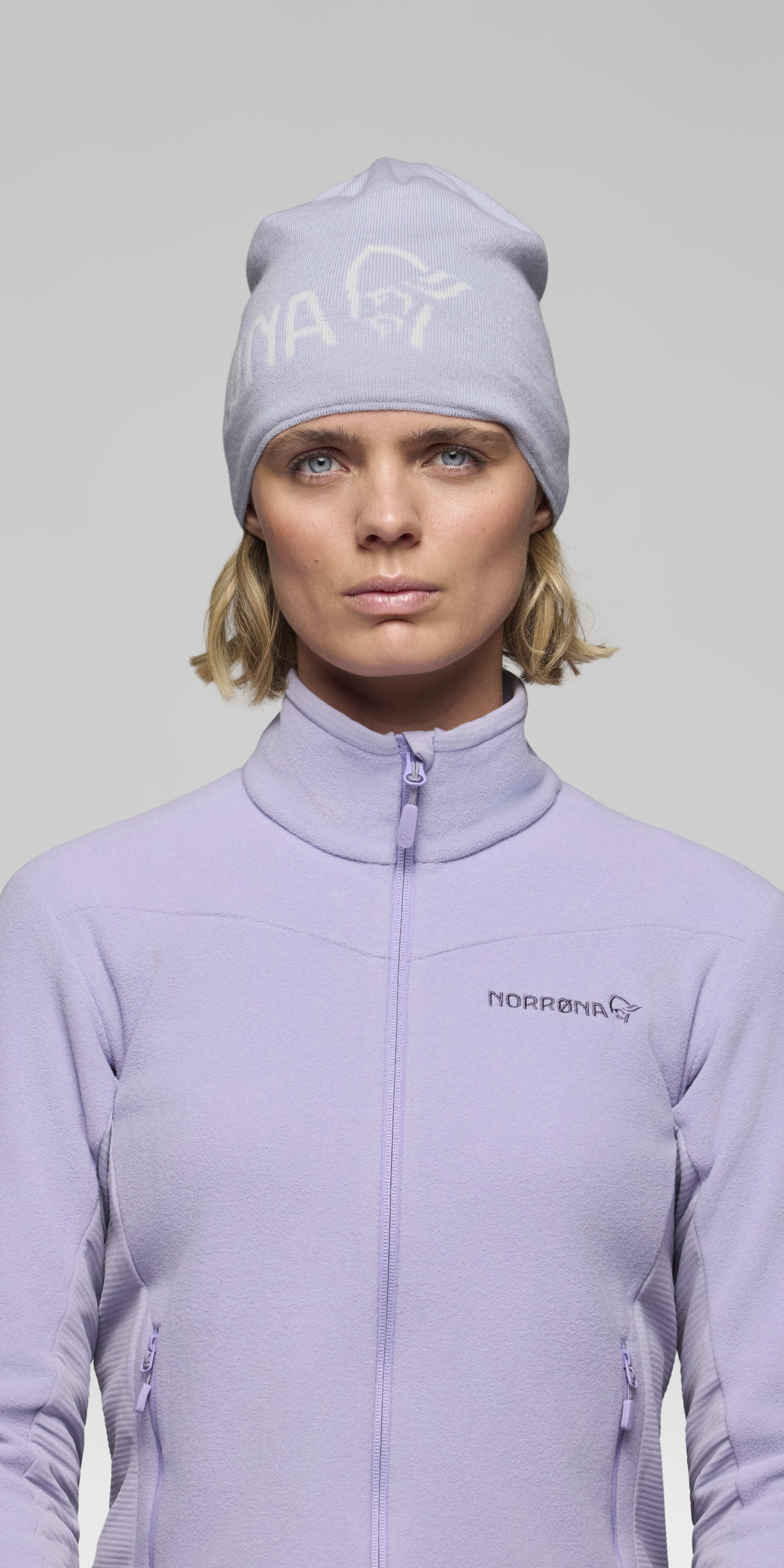 Female Look front image of 29 light merinoUll logo Beanie Heirloom Lilac