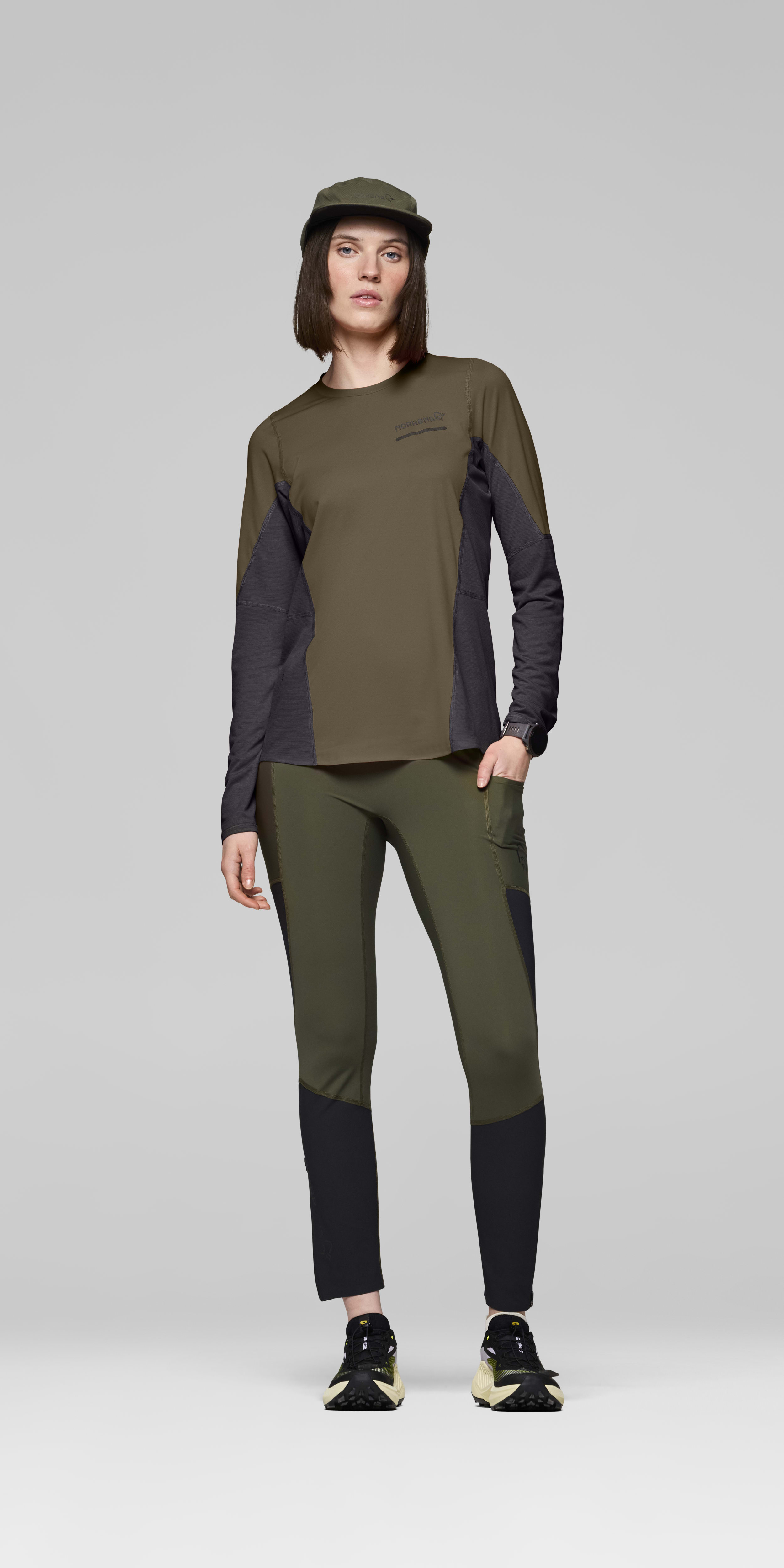 Female Look opening image of senja equaliser lightweight Long Sleeve Olive Night