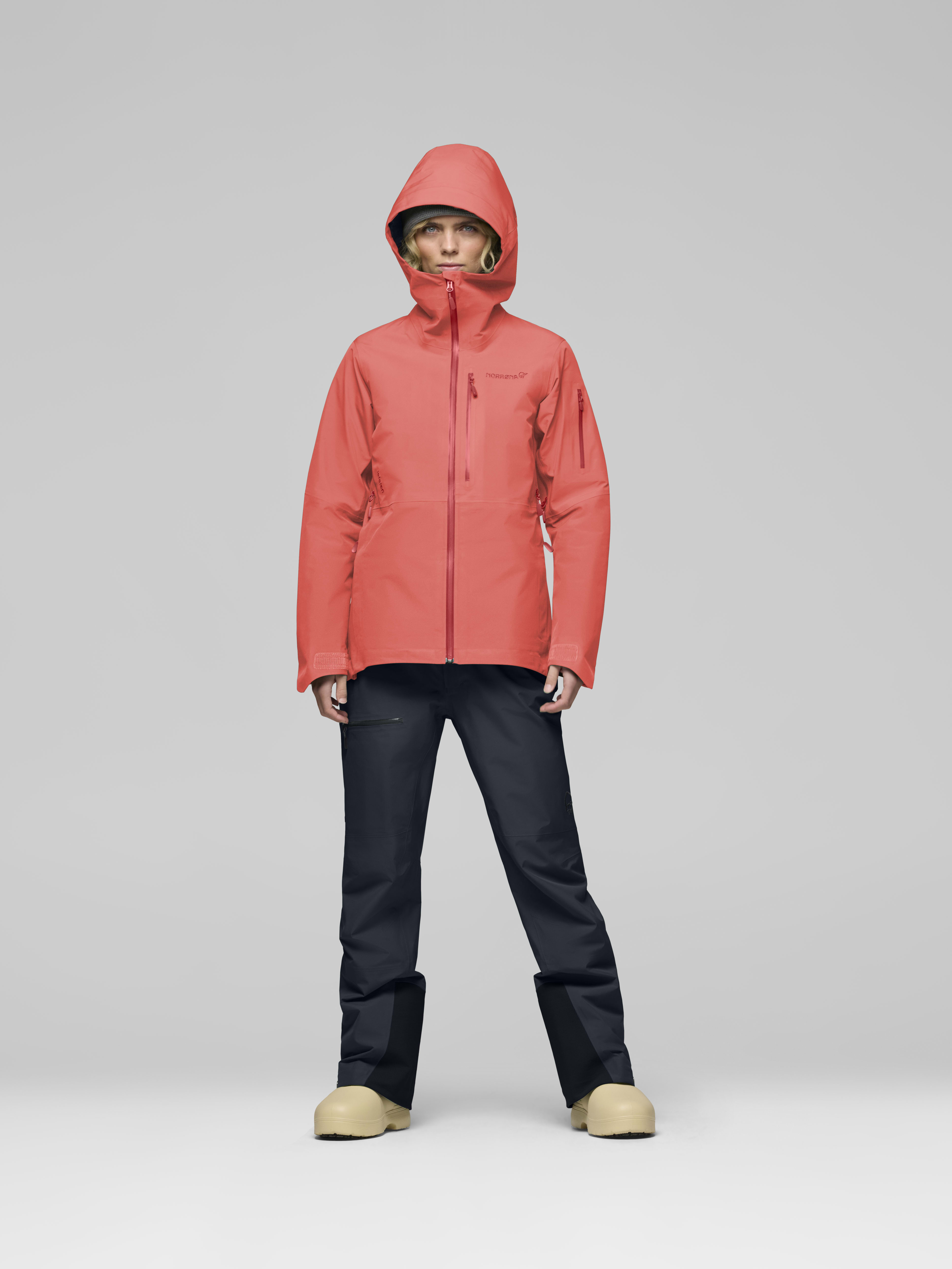 Female Look front image of lofoten Gore-Tex Jacket Deep Sea Coral