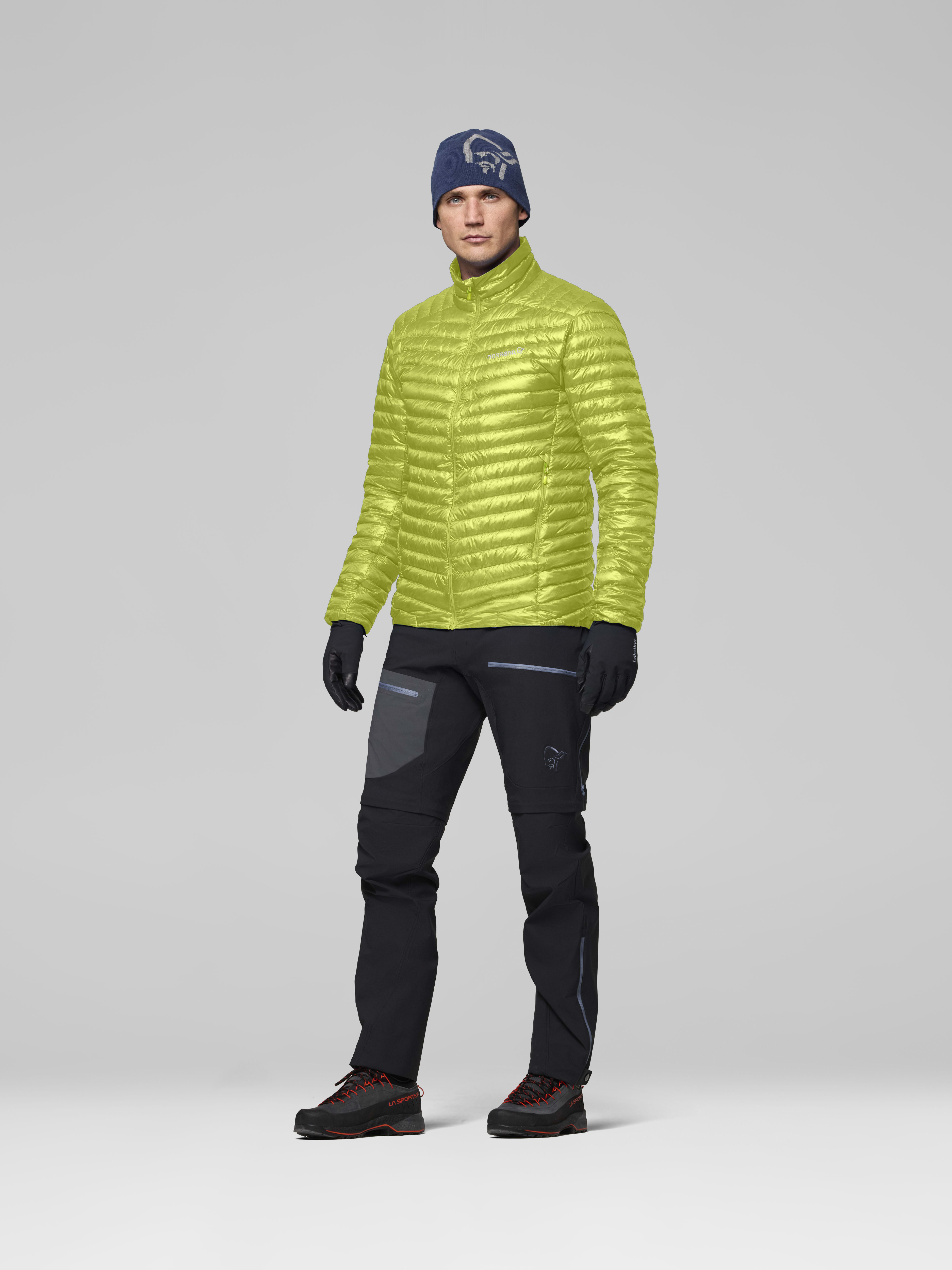 Male Look side image of trollveggen down800 super light Jacket Dark Citron