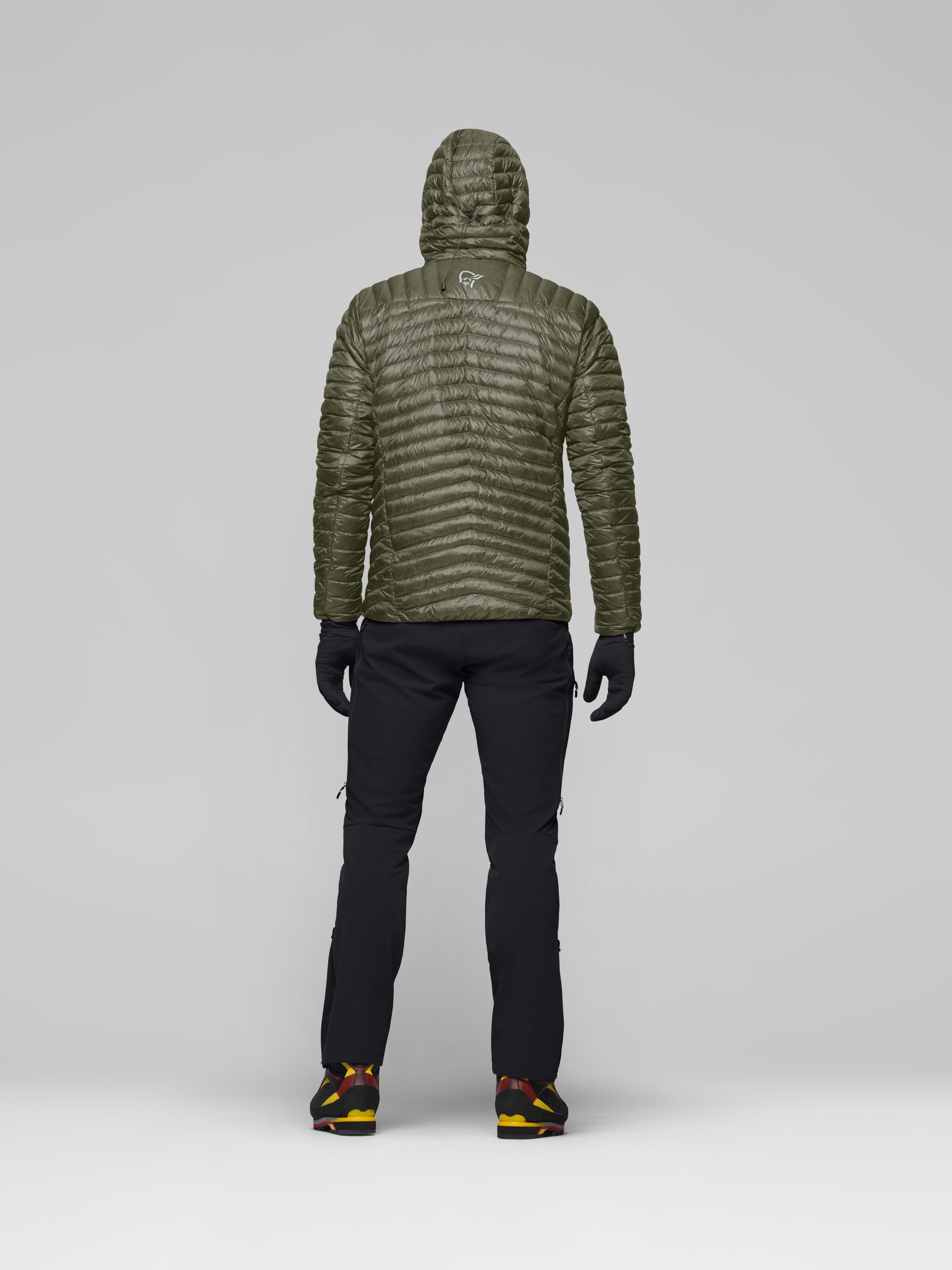 Male Look back image of trollveggen down800 super light Hood Deep Lichen Green