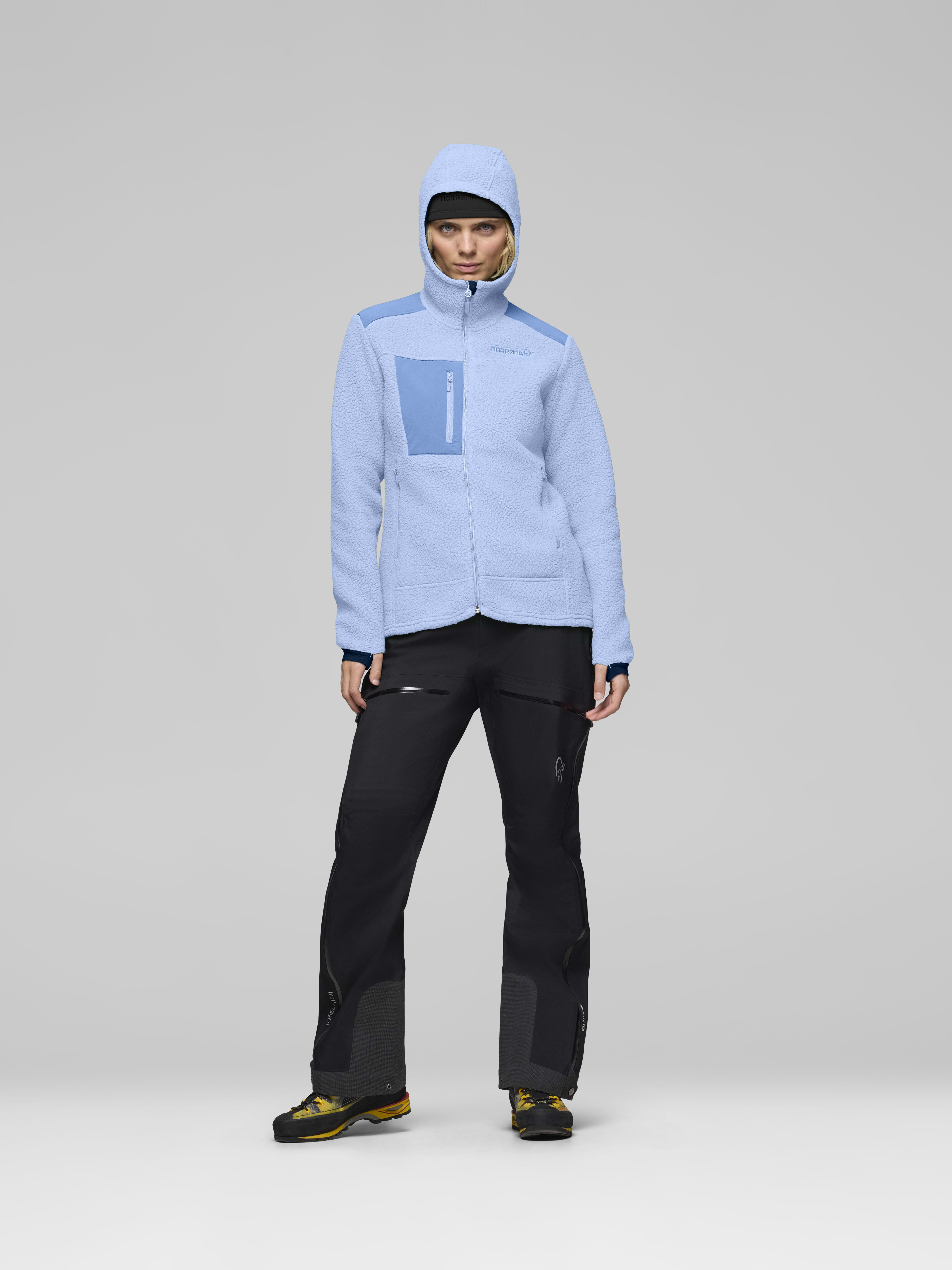 Female Look opening image of trollveggen warm3 Zip Hood Cashmere Blue/Allure