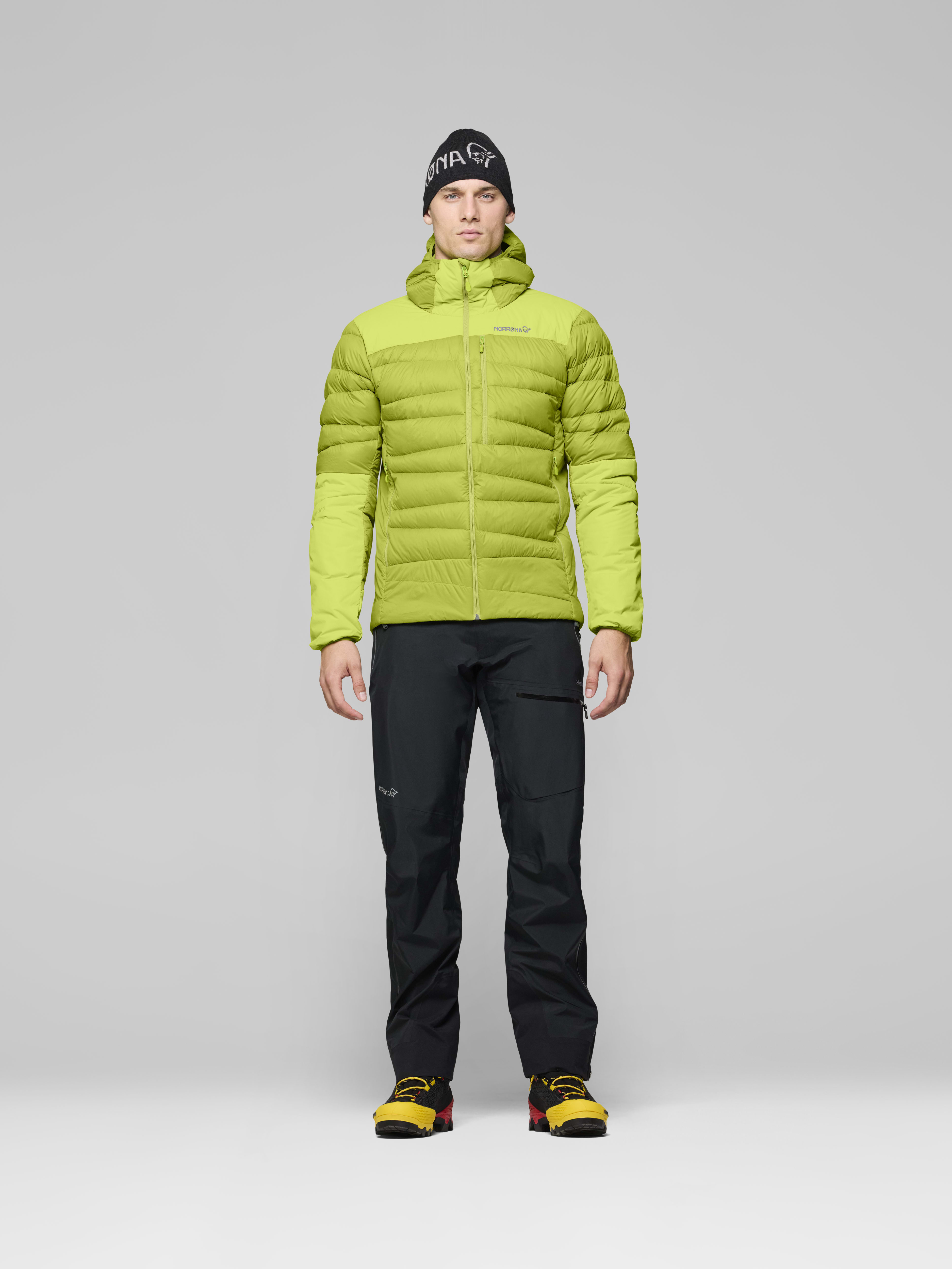 Male Look front image of falketind down750 Zip Hood Dark Citron/Tender Shoots