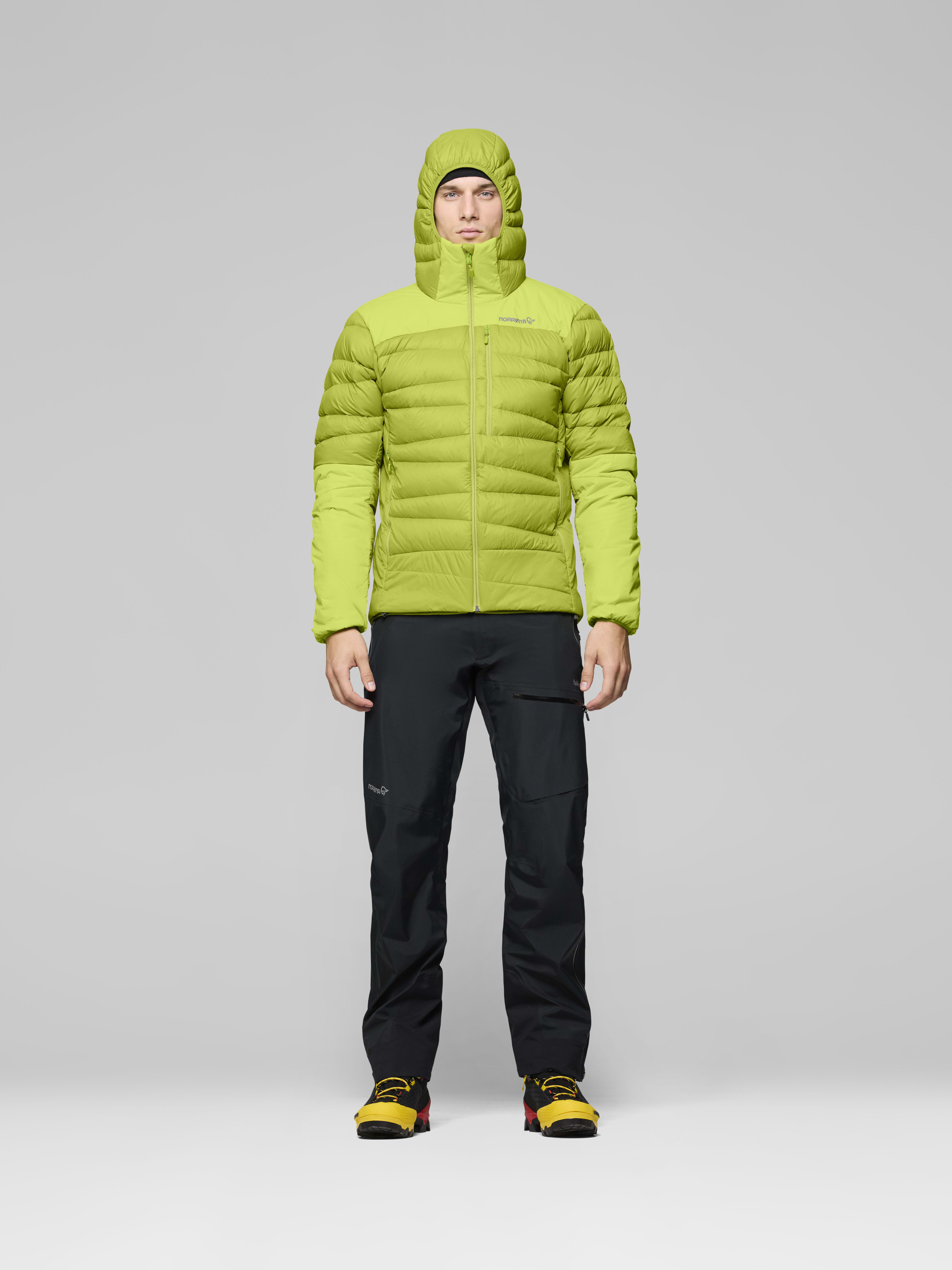 Male Look opening image of falketind down750 Zip Hood Dark Citron/Tender Shoots