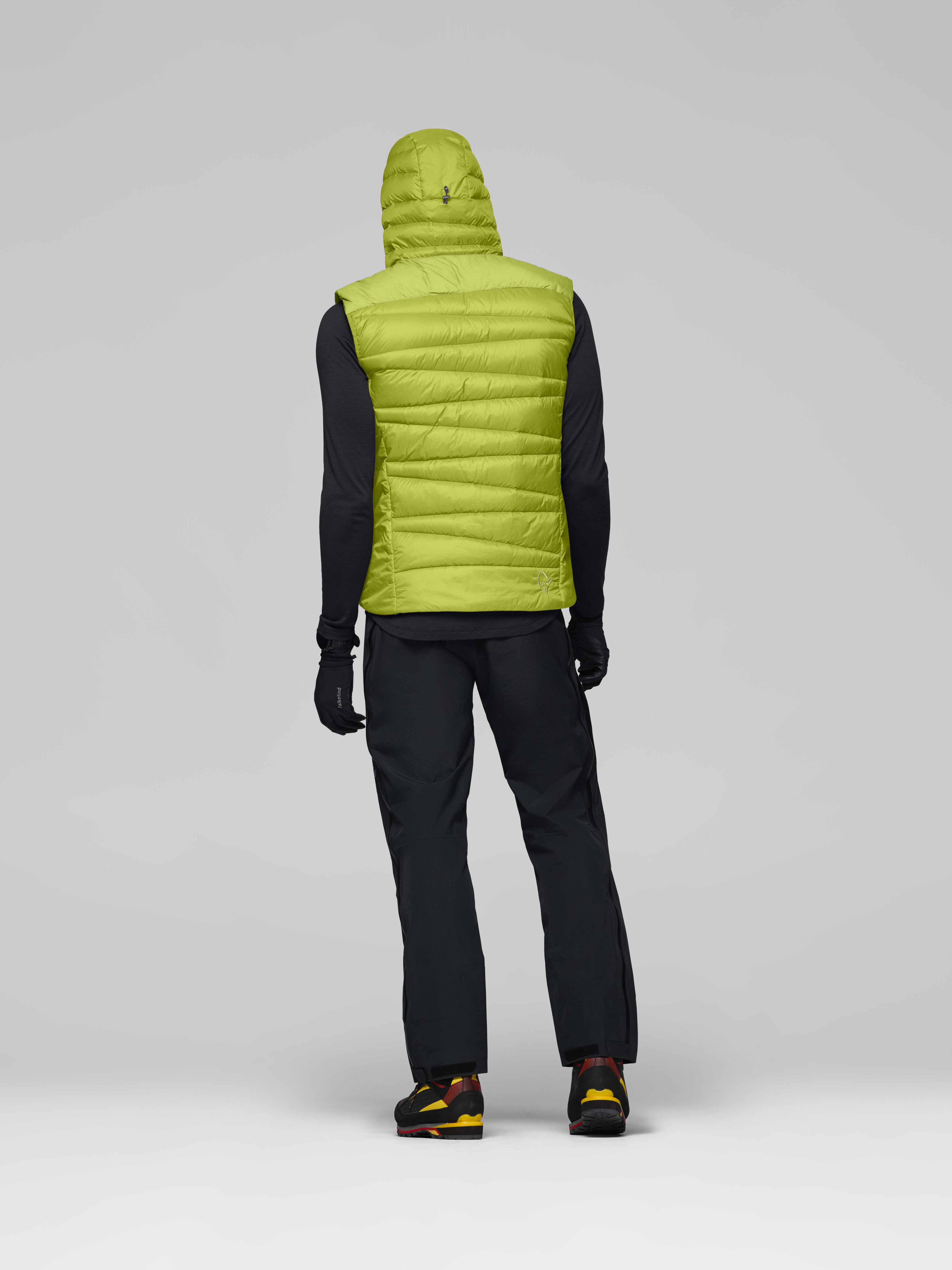 Male Look back image of falketind down750 Vest Dark Citron/Tender Shoots