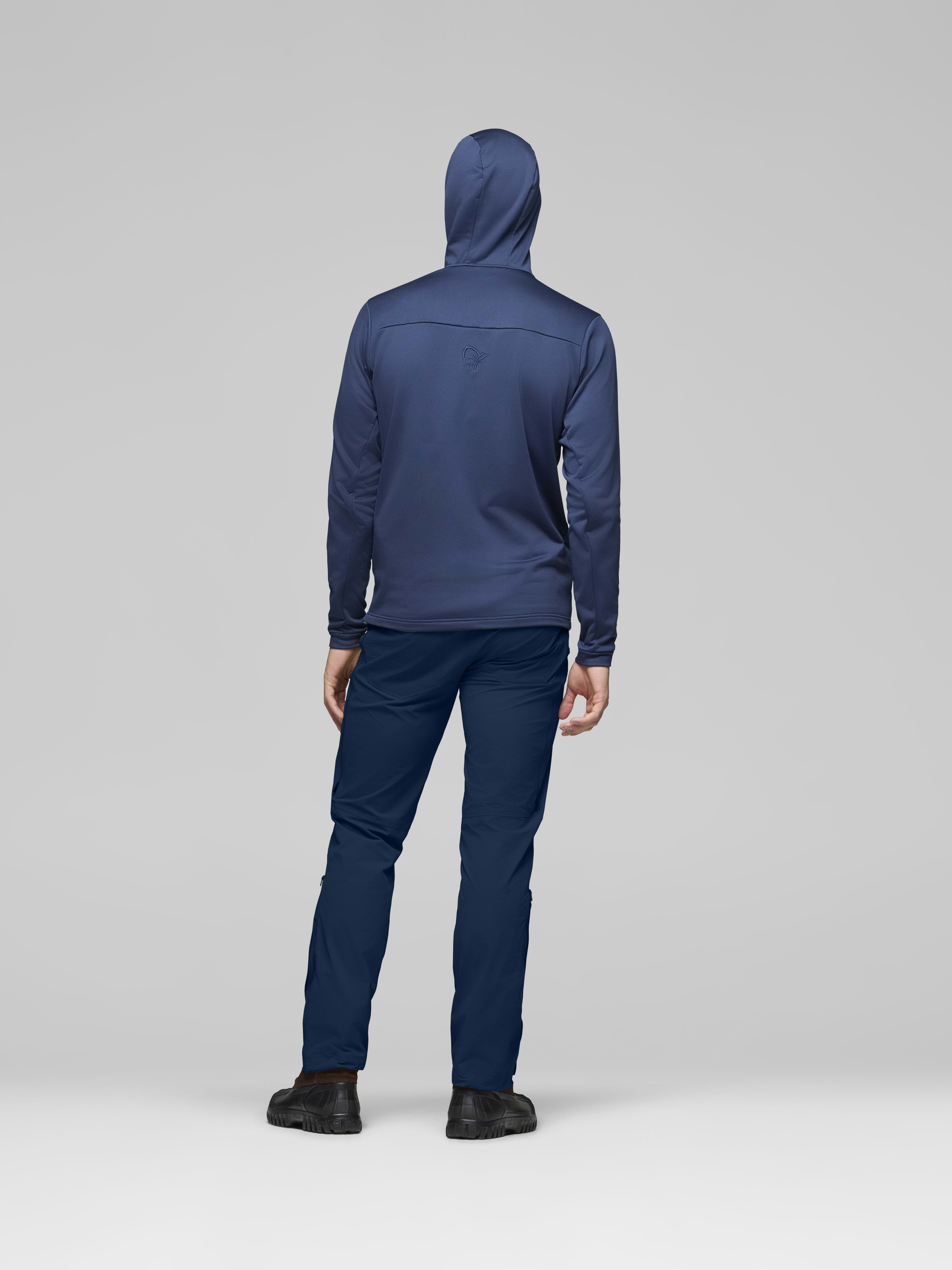 Male Look back image of falketind warm2 stretch Hood Indigo Night