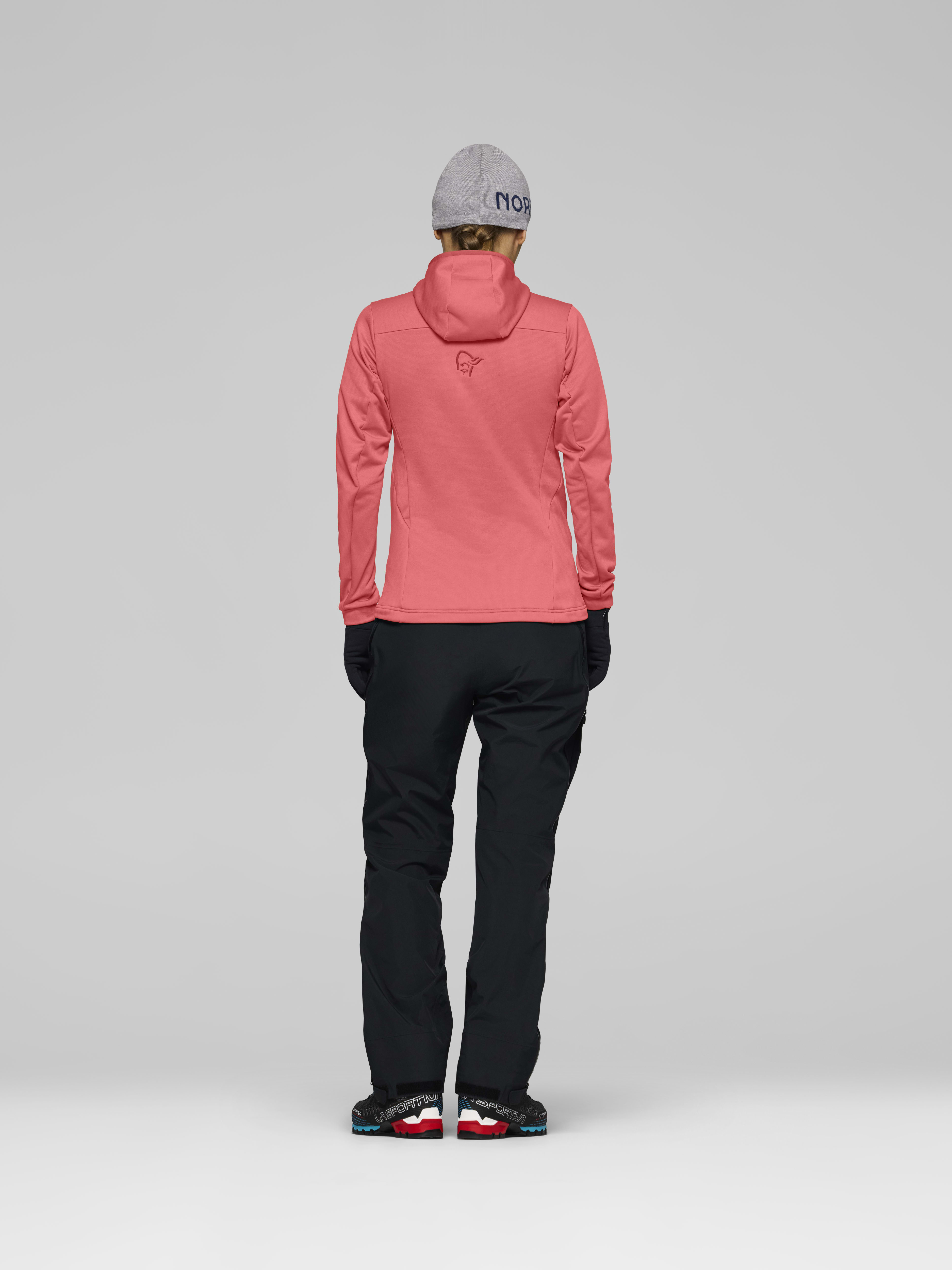 Female Look back image of falketind warm2 stretch Hood Deep Sea Coral/Baked Apple