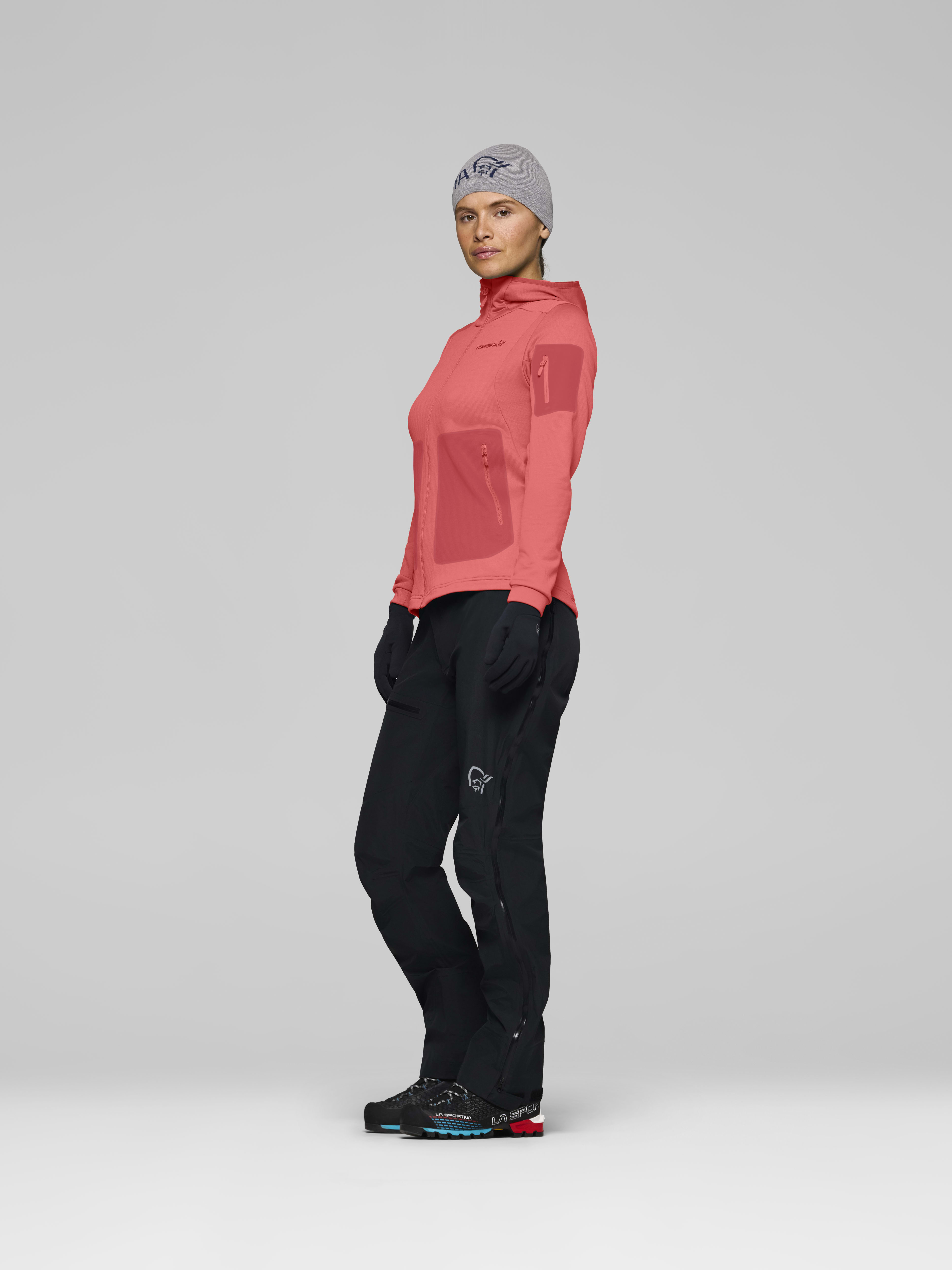 Female Look side image of falketind warm2 stretch Hood Deep Sea Coral/Baked Apple