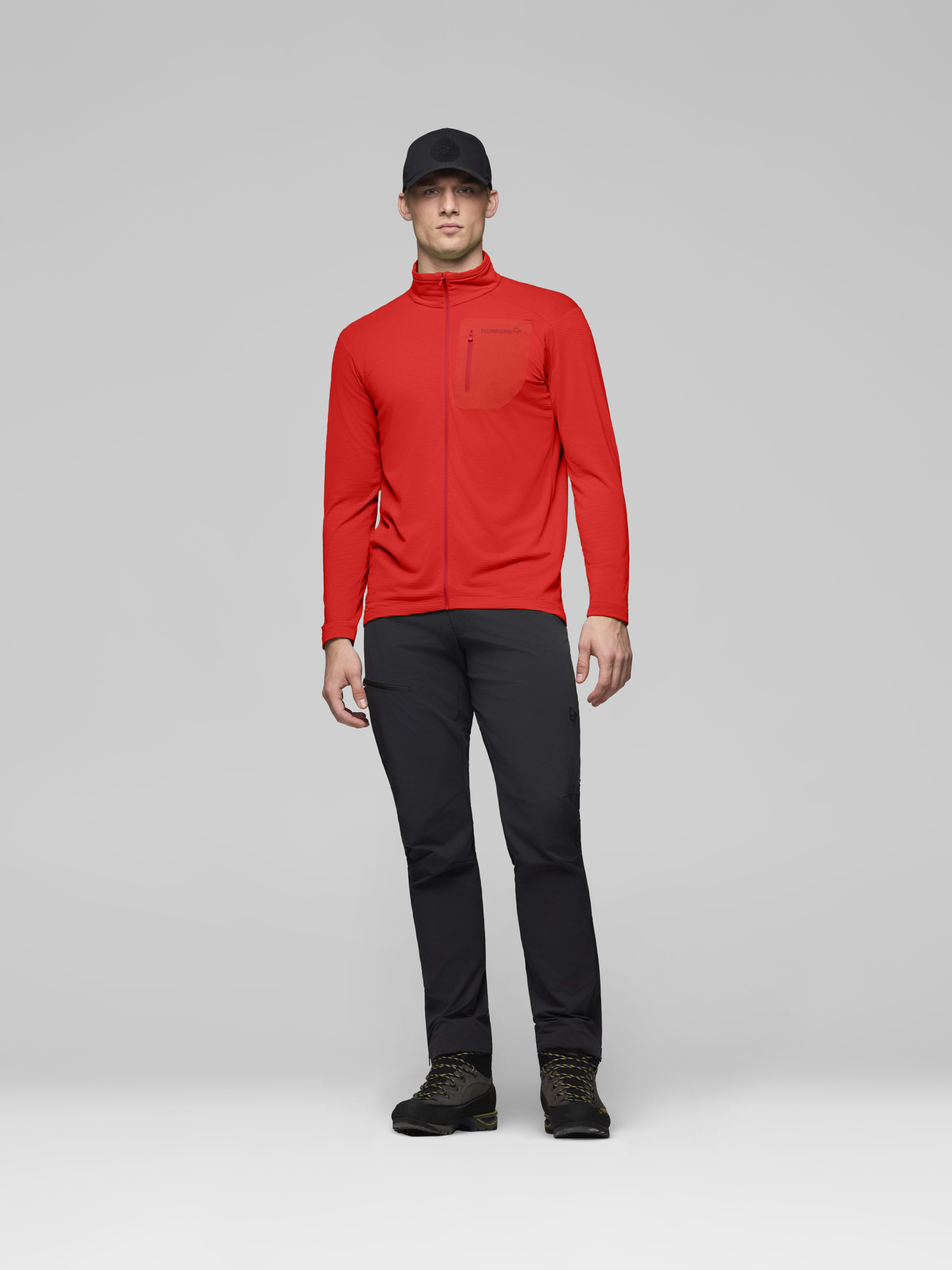 Male Look front image of falketind warm1 Jacket Fiery Red