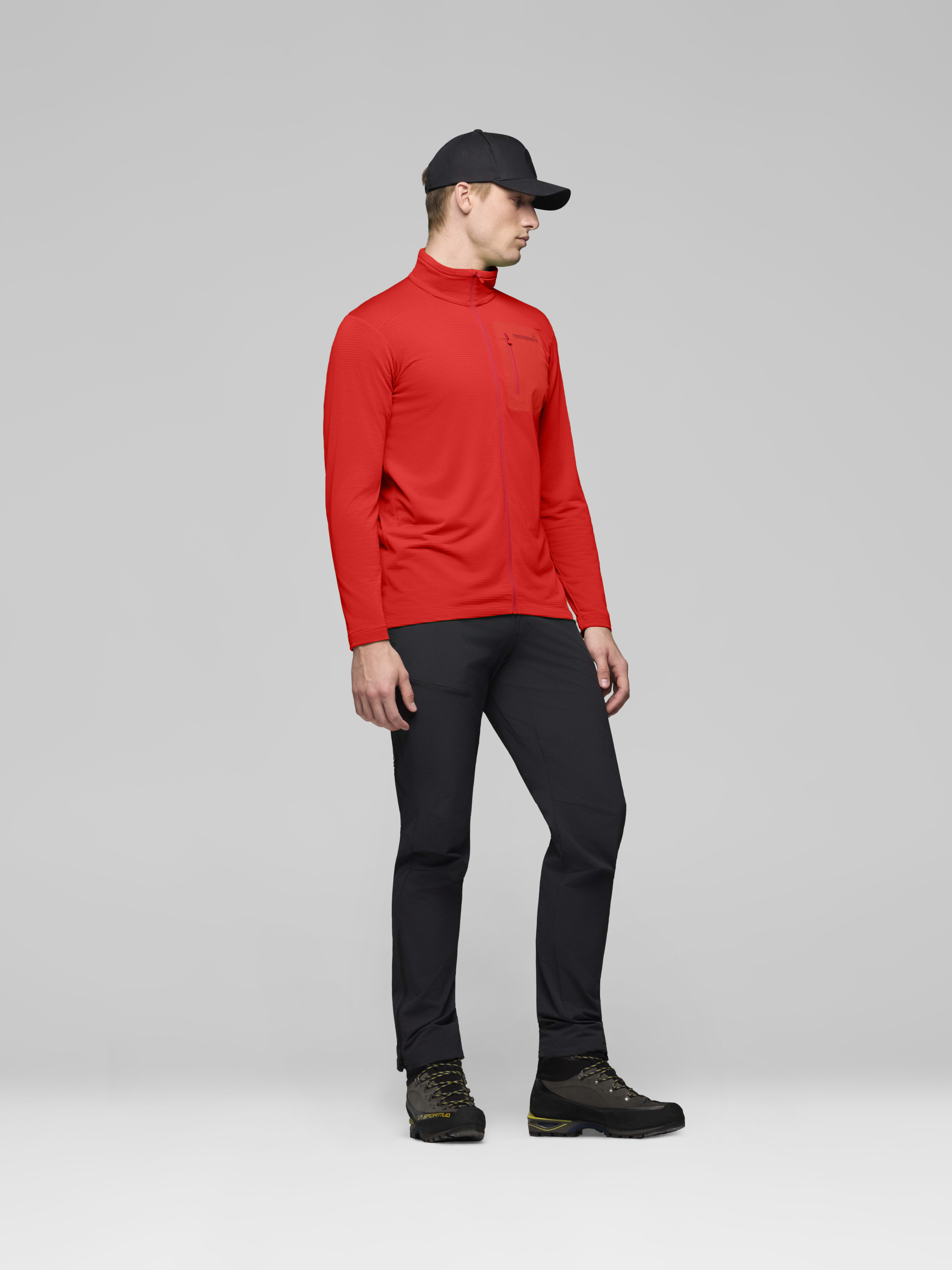 Male Look side image of falketind warm1 Jacket Fiery Red