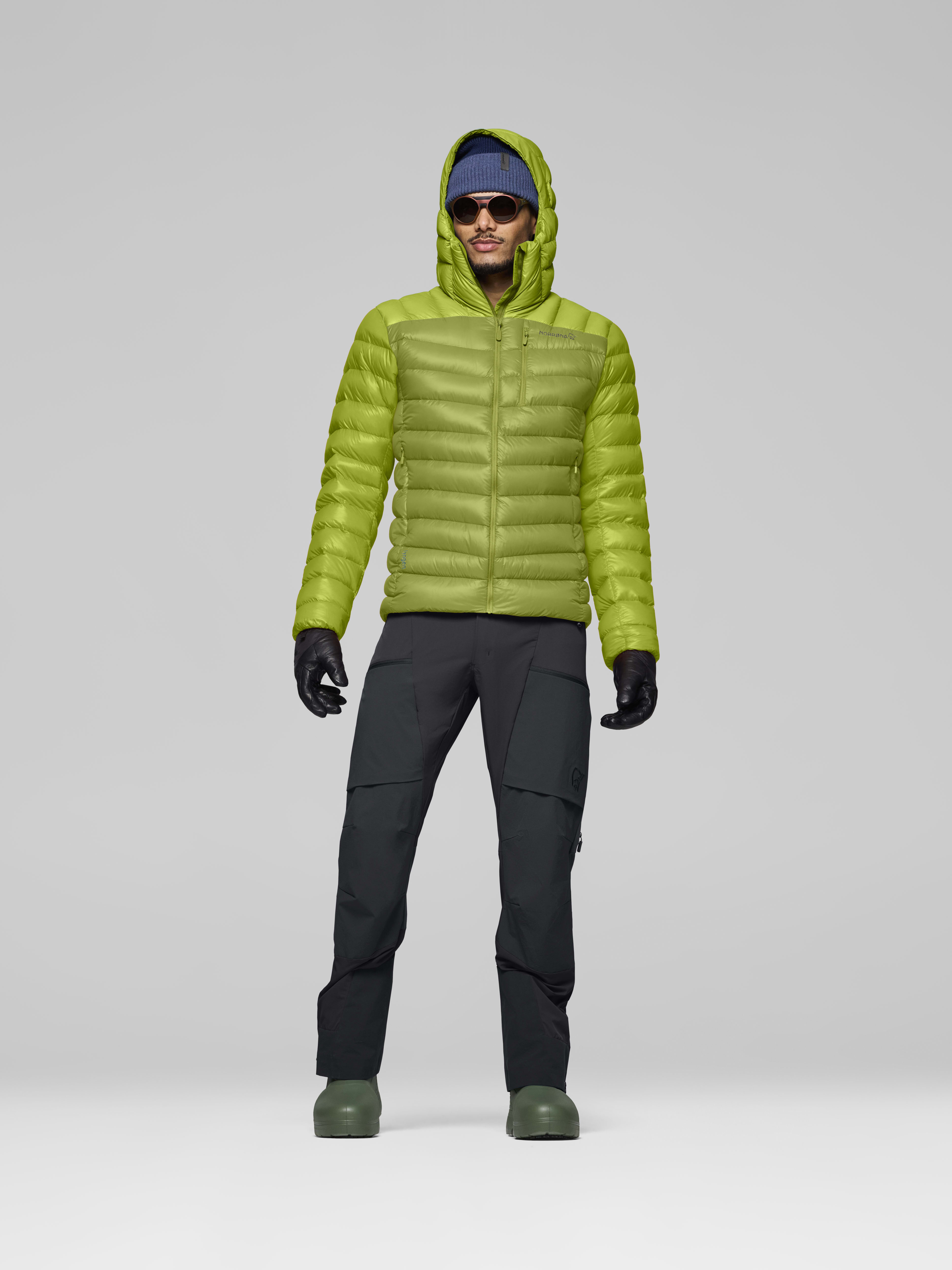 Male Look front image of lyngen down850 Hood Dark Citron/Tender Shoots