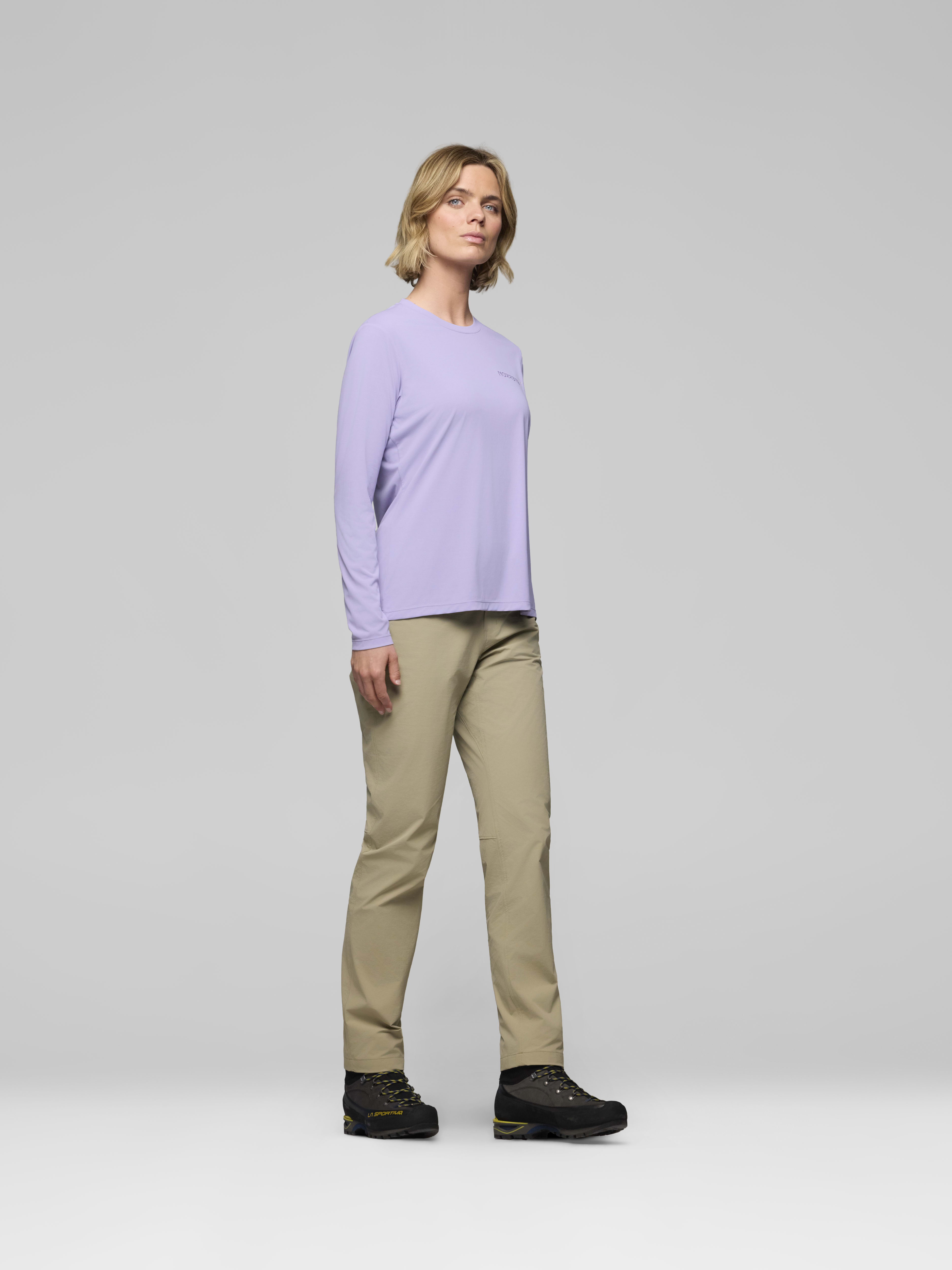 Female Look side image of femund tech Long Sleeve Heirloom Lilac